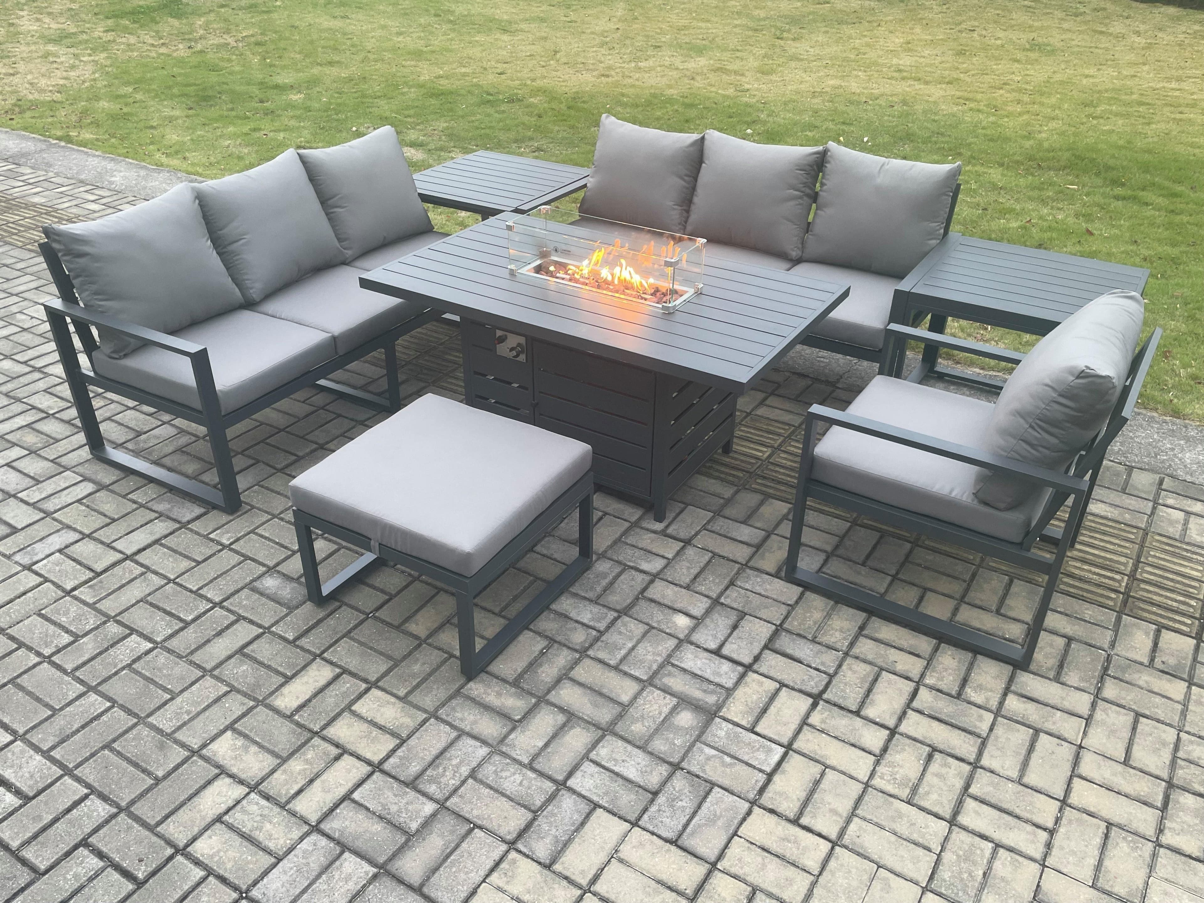 Aluminium 7 Pieces Garden Furniture Sofa Set Cushions 8 Seater Gas Fire Pit Dining Table Set 2 Side Tables Big Footstool