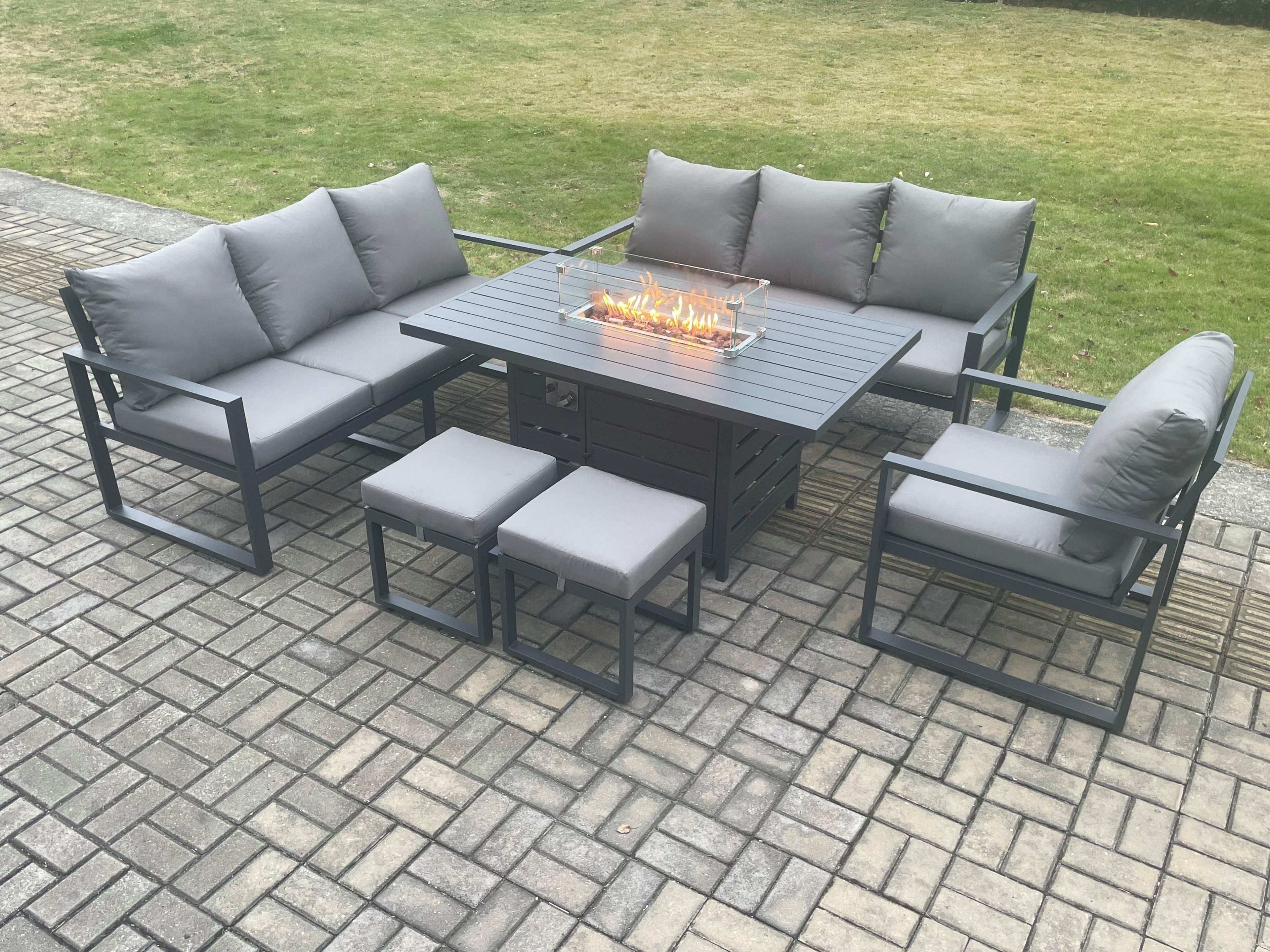 Aluminium 6 Pieces Garden Furniture Sofa Set Cushions 9 Seater Gas Fire Pit Dining Table Set 2 Small Footstools