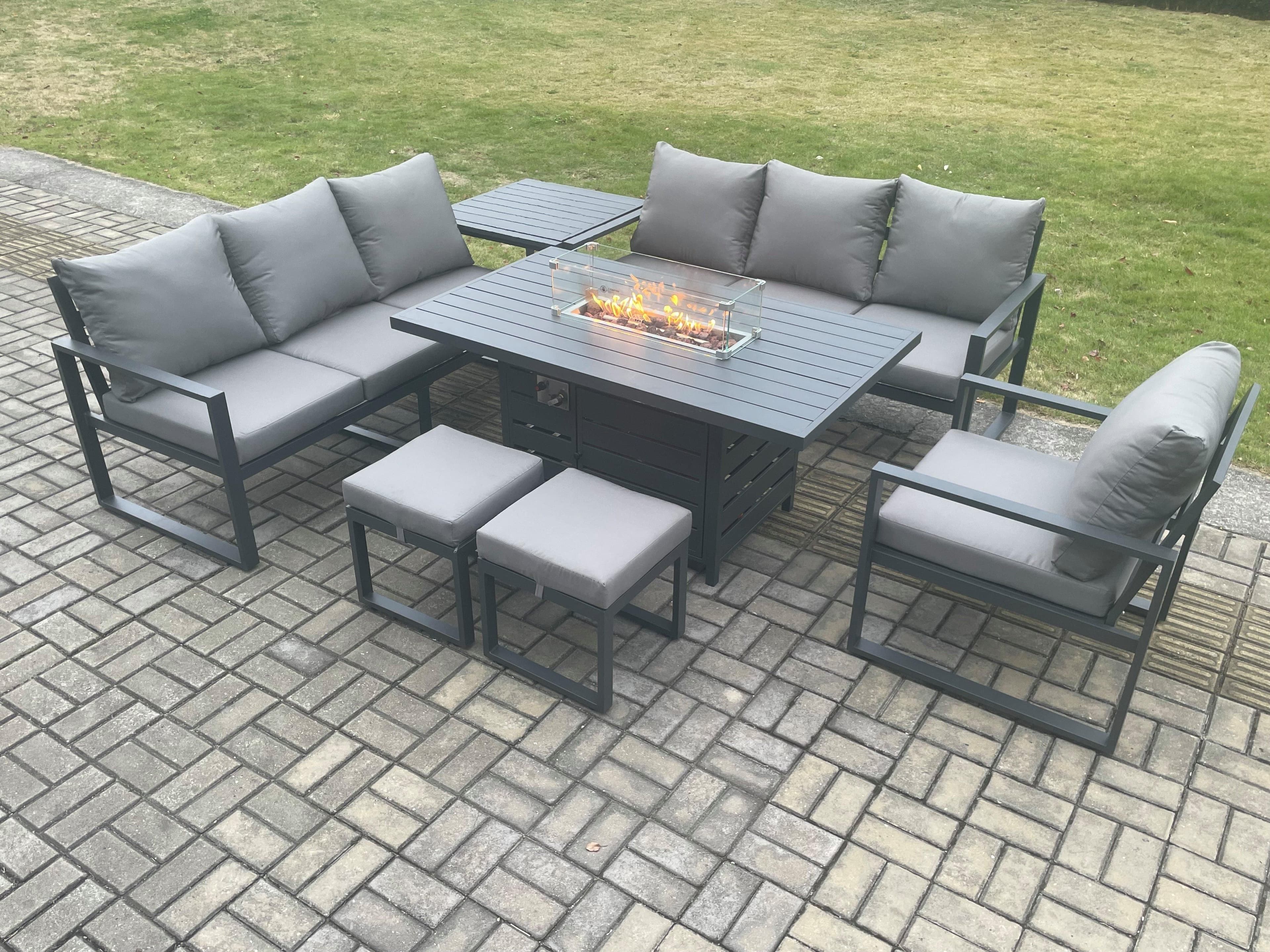 Aluminium 7 Pieces Garden Furniture Sofa Set Cushions 9 Seater Gas Fire Pit Dining Table Set Side Table 2 Small Footstools