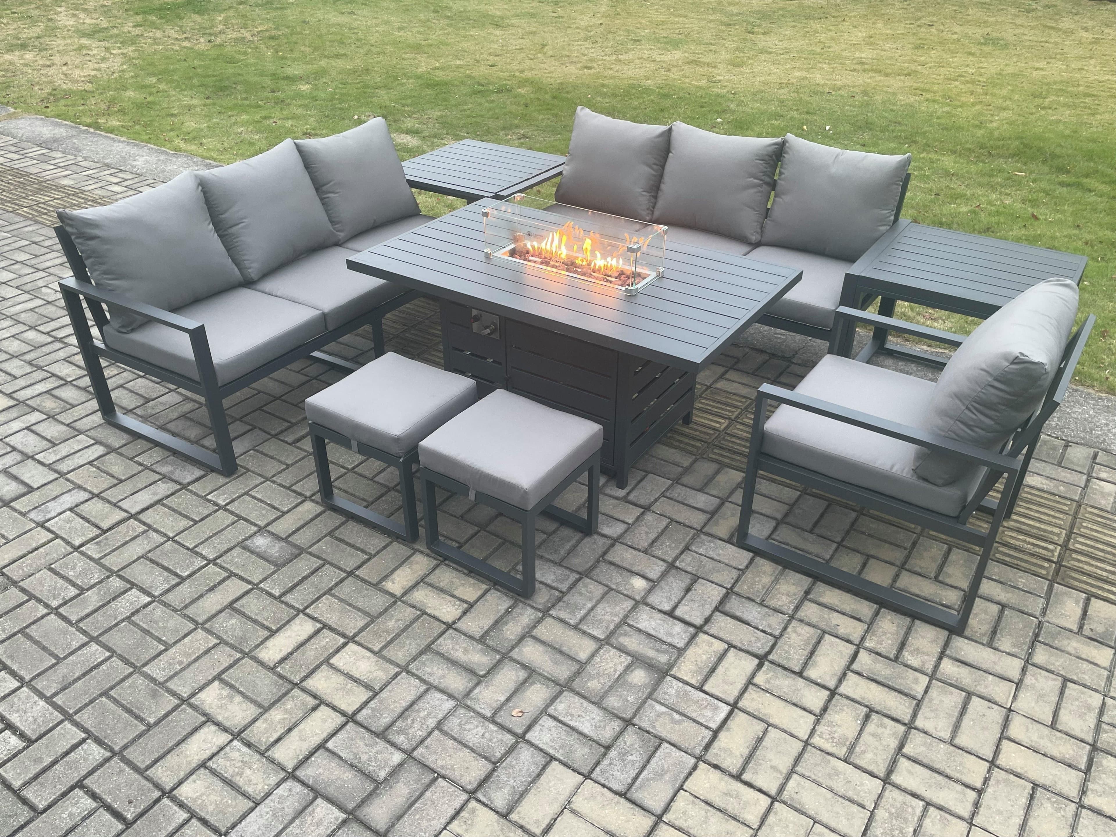 Aluminium 8 Pieces Garden Furniture Sofa Set Cushions 9 Seater Gas Fire Pit Dining Table Set 2 Side Tables
