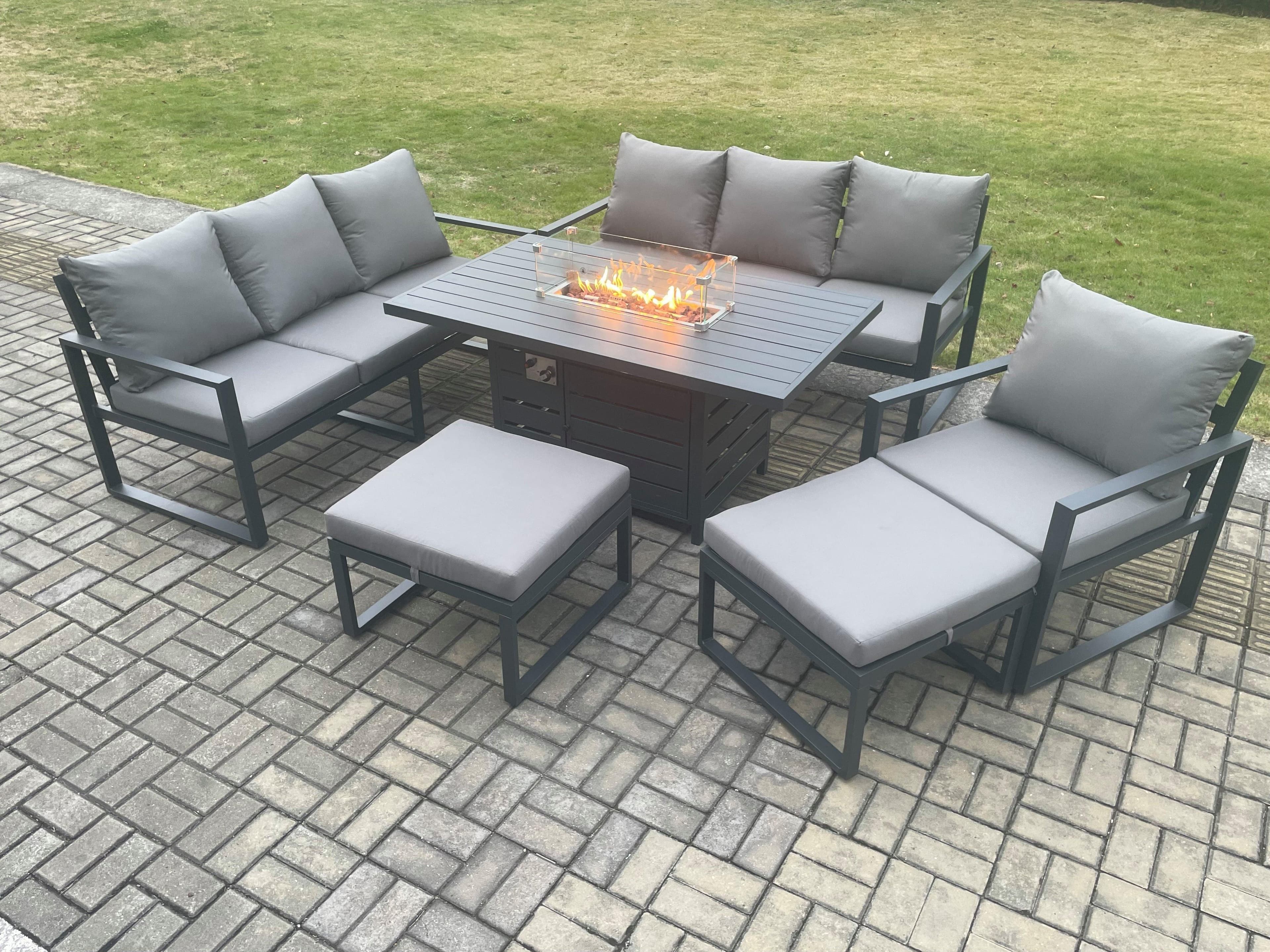 Aluminium 6 Pieces Garden Furniture Sofa Set Cushions 9 Seater Gas Fire Pit Dining Table Set 2 Big Footstools