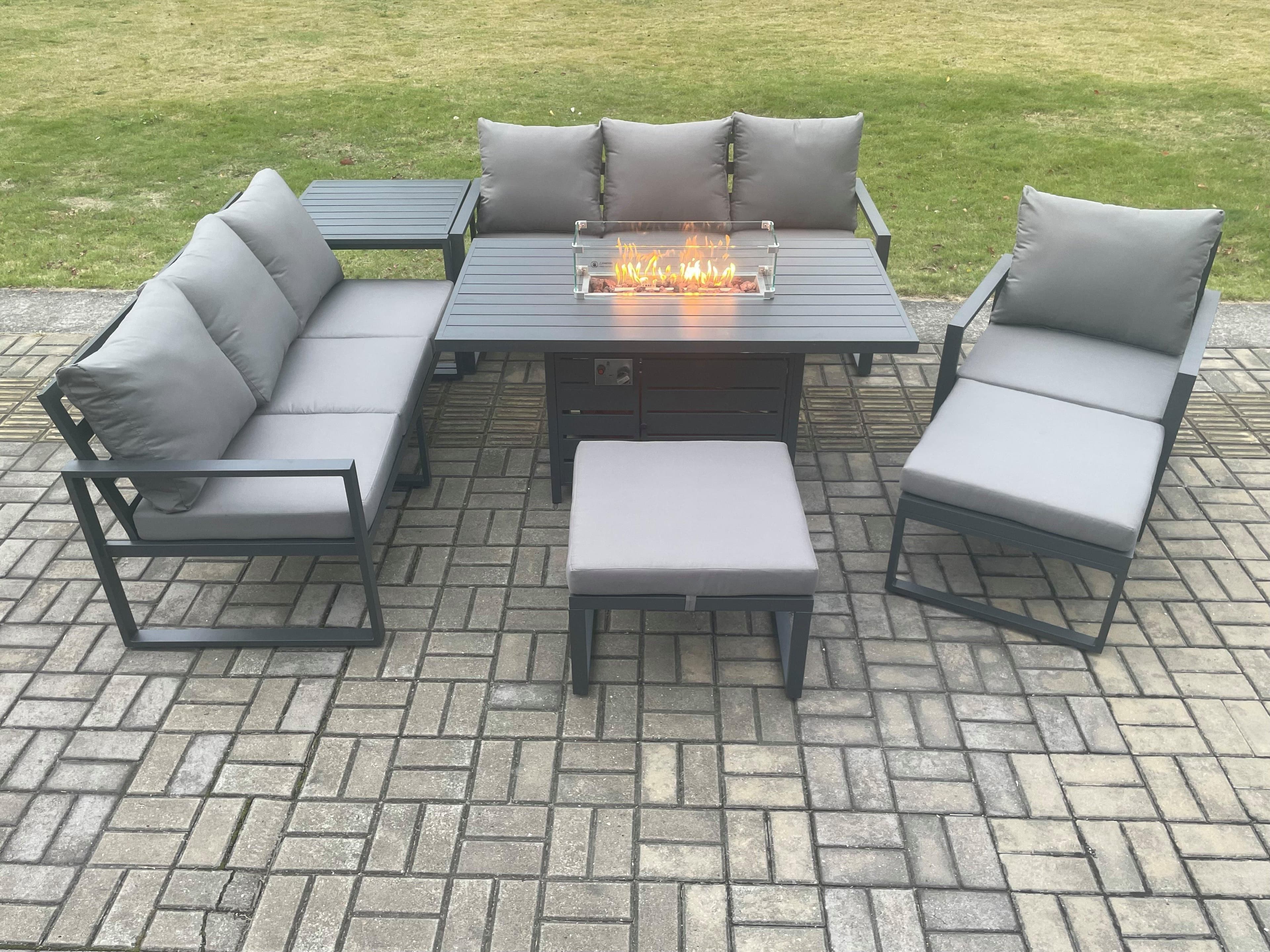 Aluminium 7 Pieces Garden Furniture Sofa Set Cushions 9 Seater Gas Fire Pit Dining Table Set Side Table 2 Big Footstools