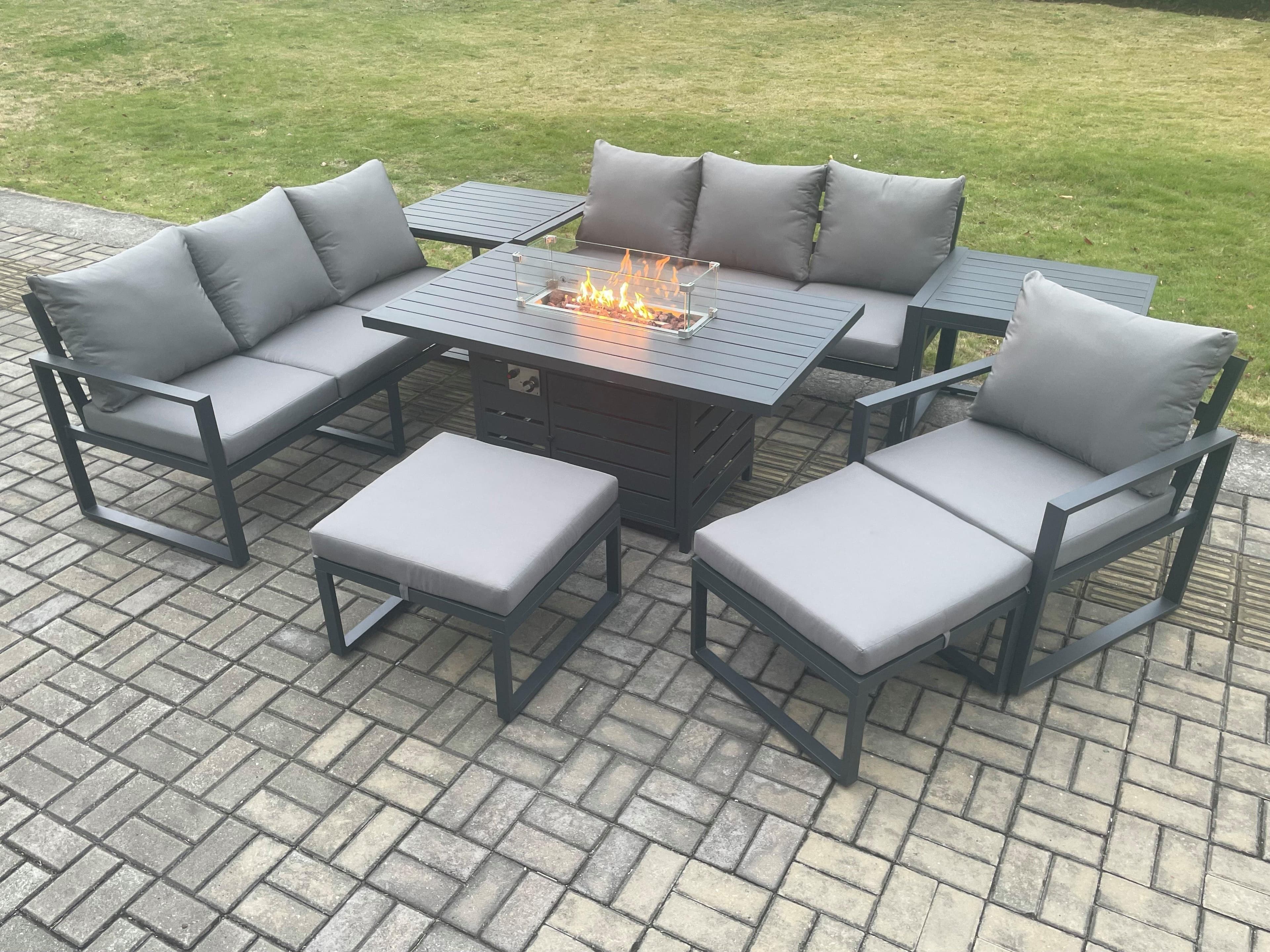 Aluminium 8 Pieces Garden Furniture Sofa Set Cushions 9 Seater Gas Fire Pit Dining Table Set Side Tables