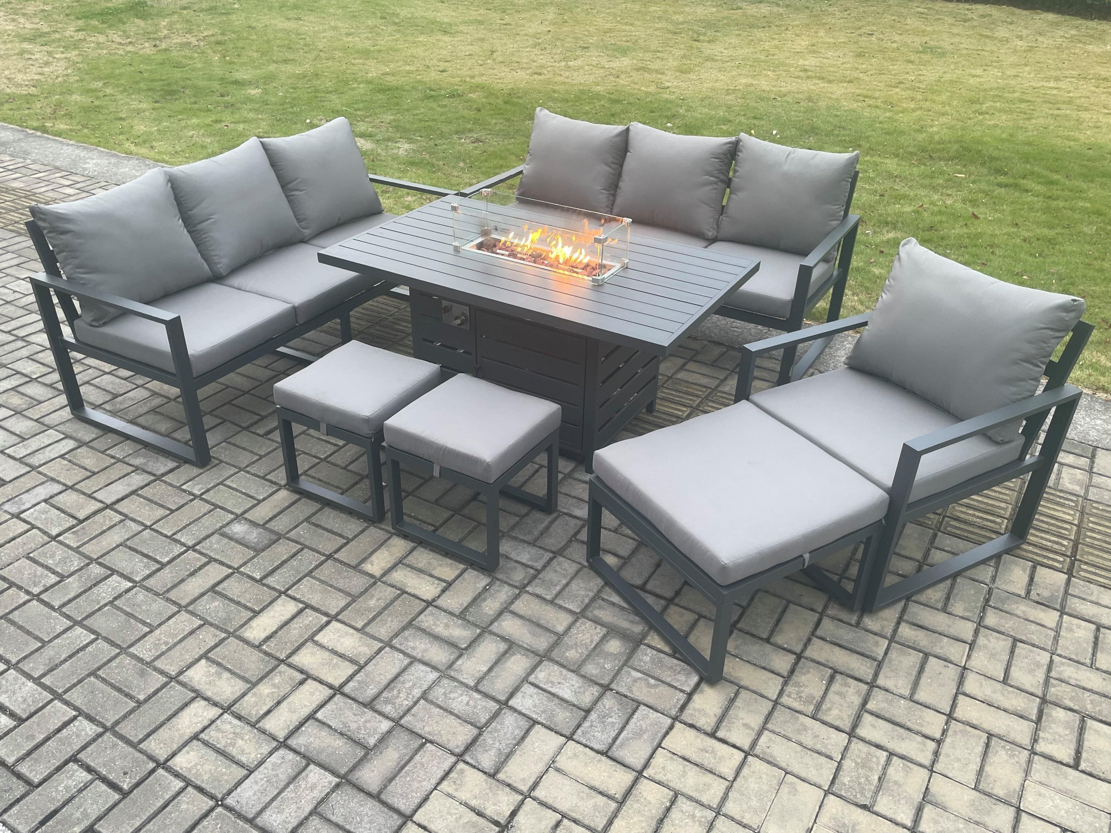 Aluminium 7 Pieces Garden Furniture Sofa Set Cushions 10 Seater Gas Fire Pit Dining Table Set 3 Footstools