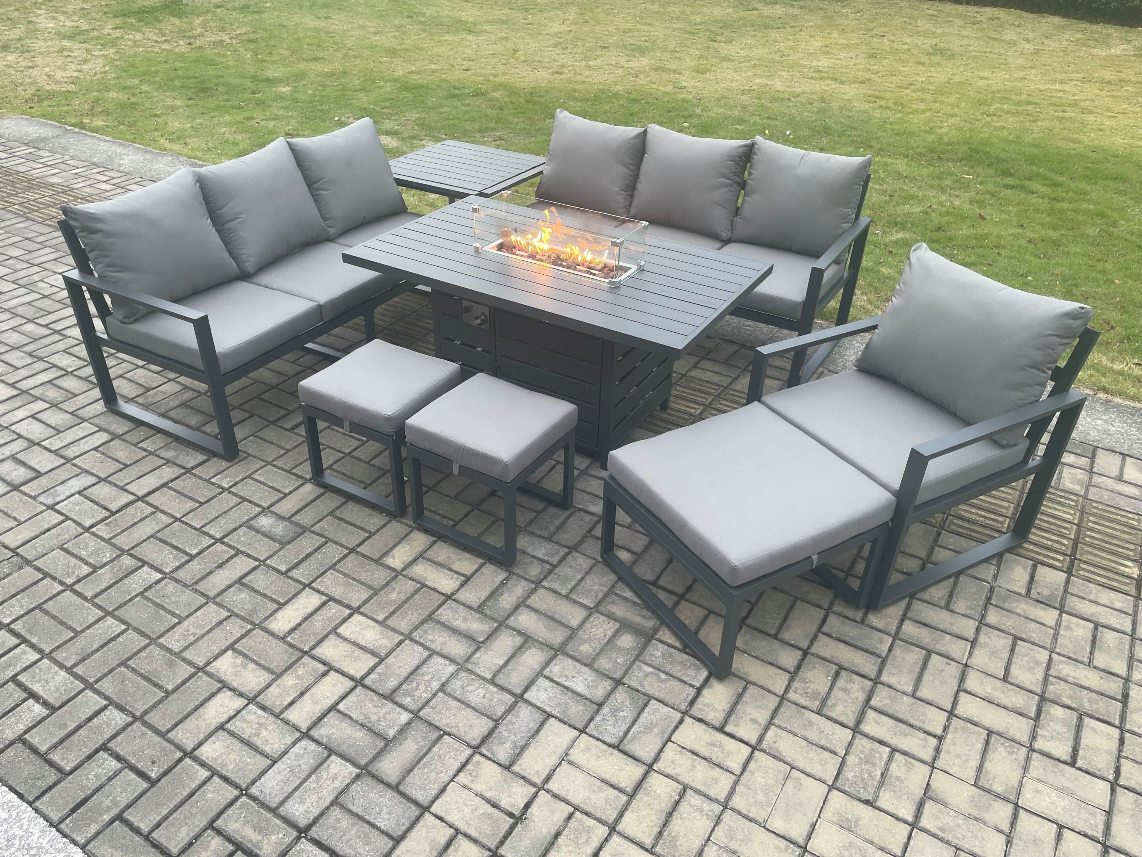 Aluminium 8 Pieces Garden Furniture Sofa Set Cushions 10 Seater Gas Fire Pit Dining Table Set Side Table 3 Footstools
