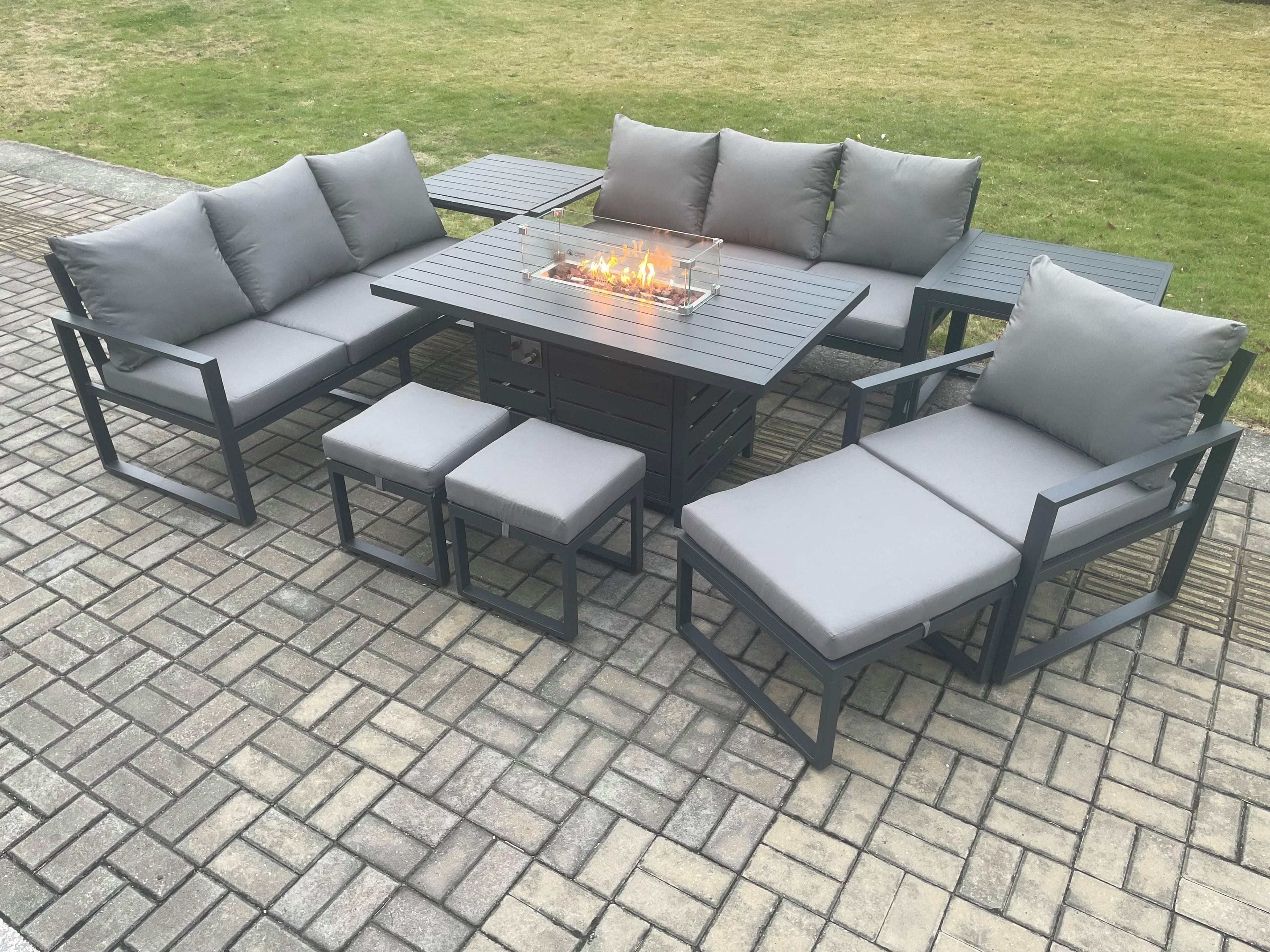 Aluminium 9 Pieces Garden Furniture Sofa Set Cushions 10 Seater Gas Fire Pit Dining Table Set 2 Side Tables 3 Footstools