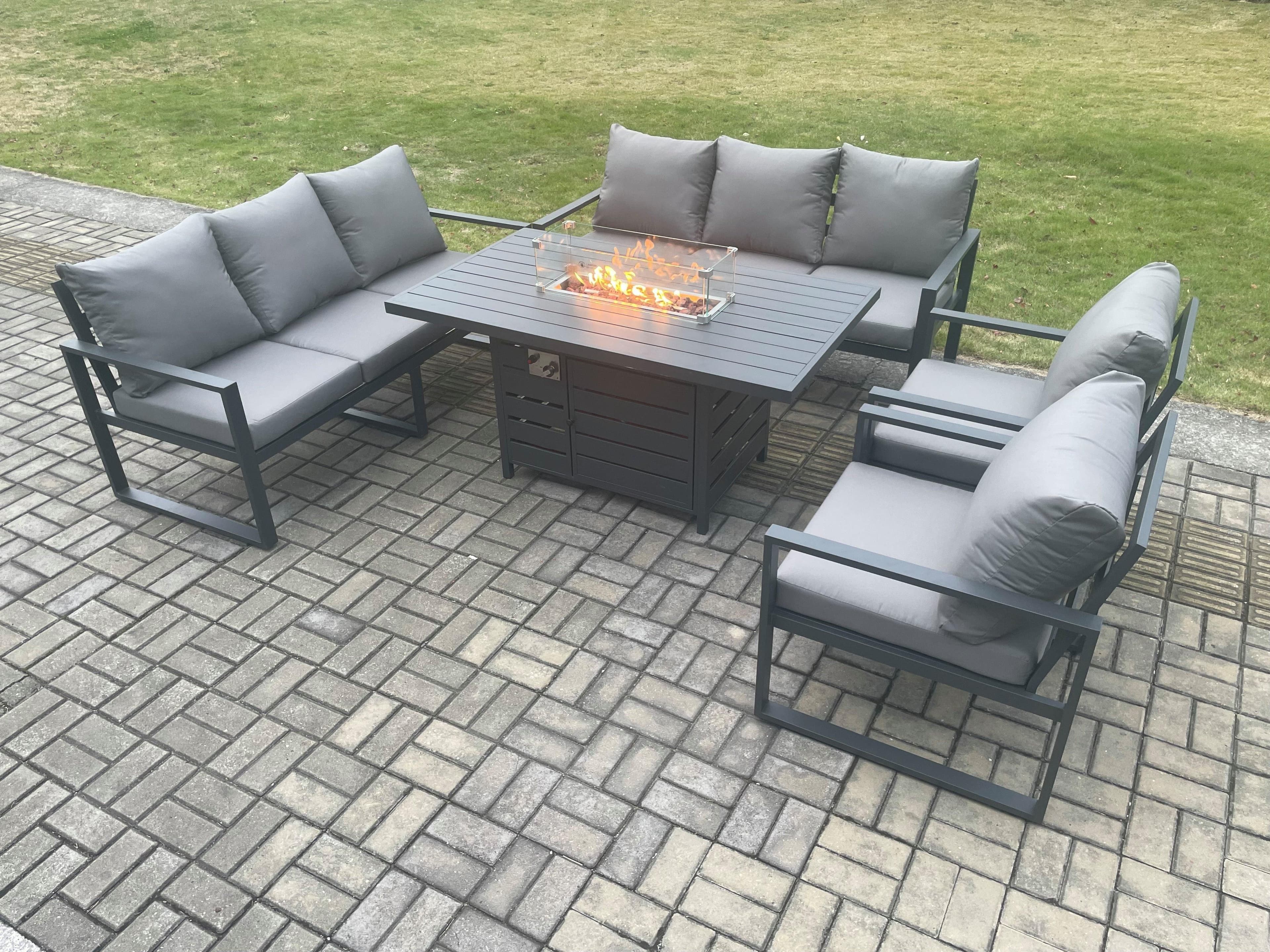 Aluminium 5 Pieces Garden Furniture Sofa Set Cushions 8 Seater Gas Fire Pit Dining Table Set Dark Grey