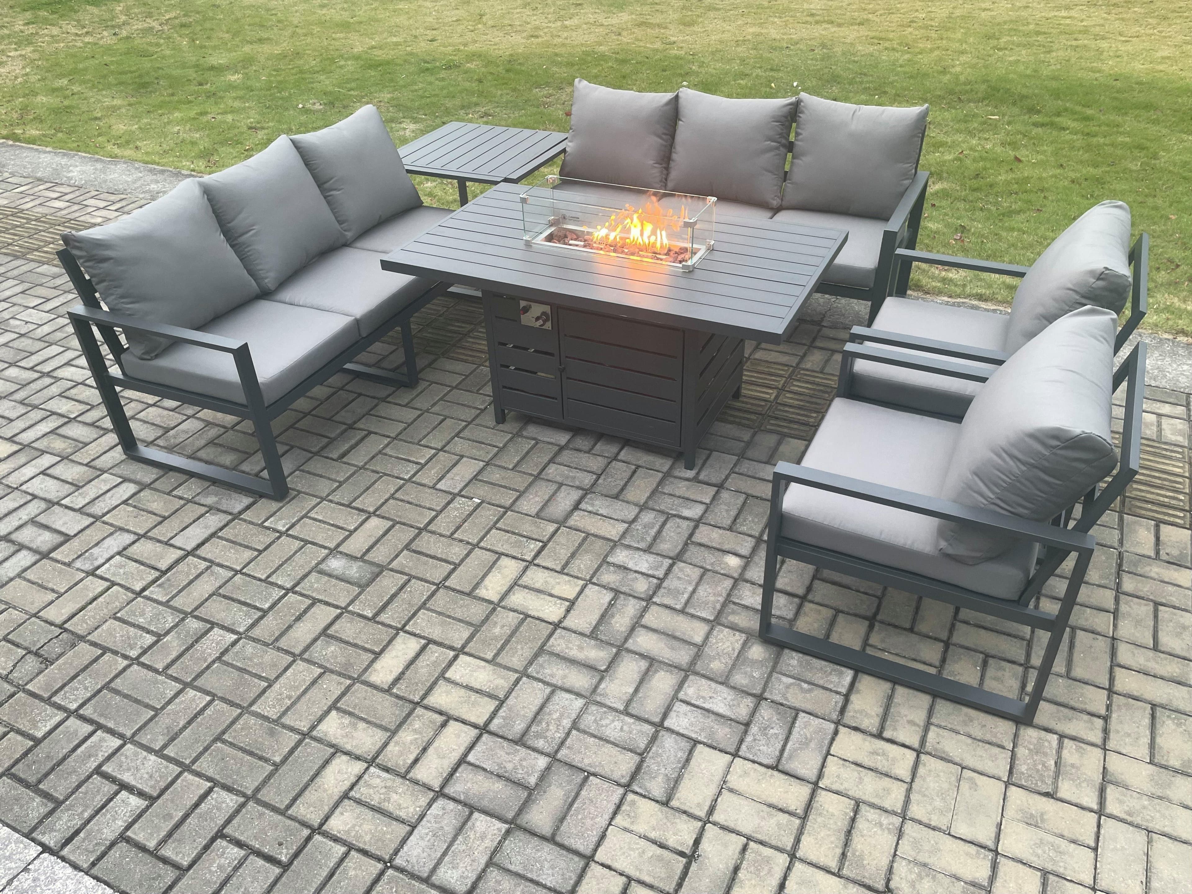 Aluminium 6 Pieces Garden Furniture Sofa Set Cushions 8 Seater Gas Fire Pit Dining Table Set Side Table Dark Grey