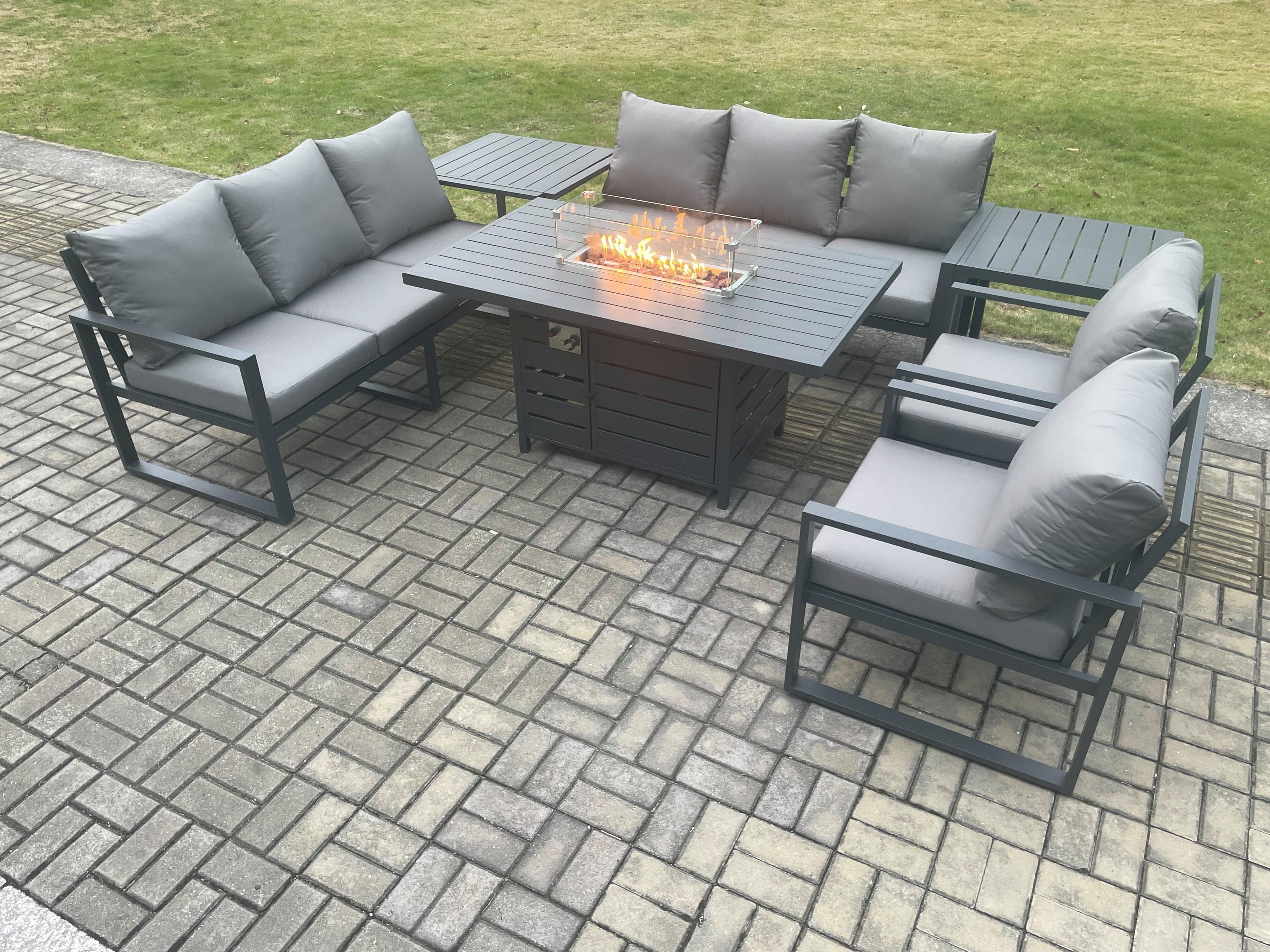Aluminium Outdoor Garden Furniture Set Patio Lounge Sofa Gas Fire Pit Dining Table Set 2 Side Tables Dark Grey