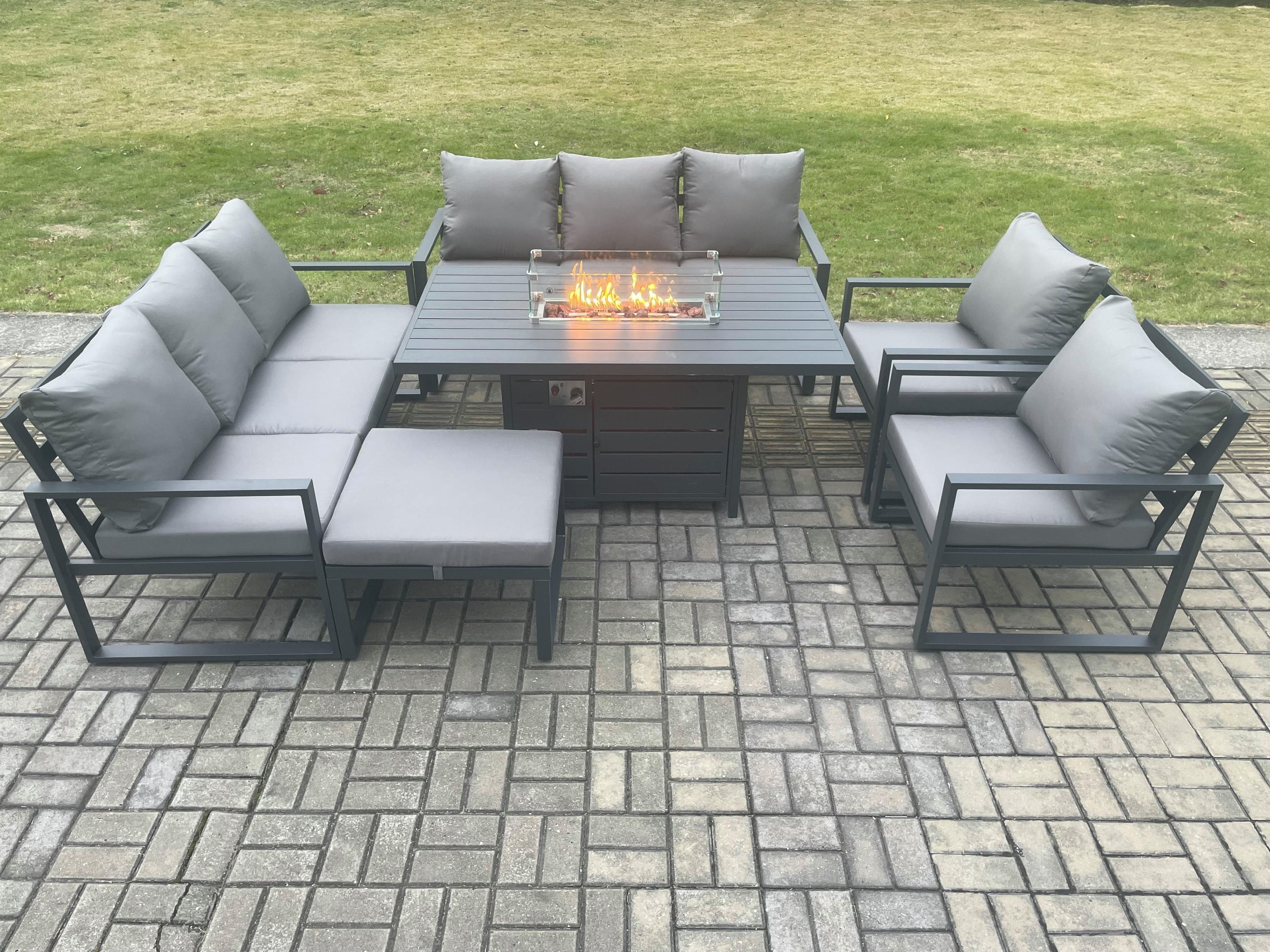 Aluminium Outdoor Garden Furniture Set Patio Lounge Sofa Gas Fire Pit Dining Table Set Big Footstool Dark Grey
