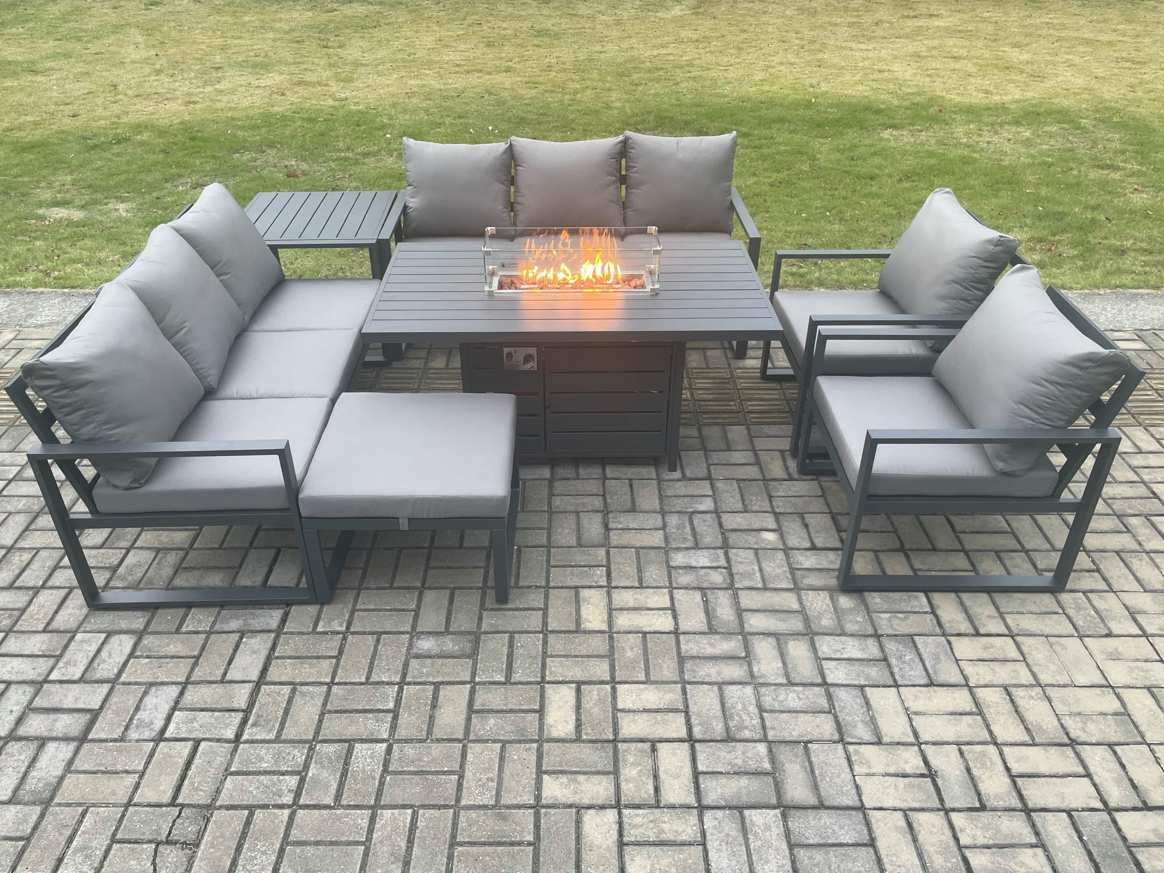 Aluminium Outdoor Garden Furniture Set Patio Lounge Sofa Gas Fire Pit Dining Table Set Big Footstool Side Table Dark Grey