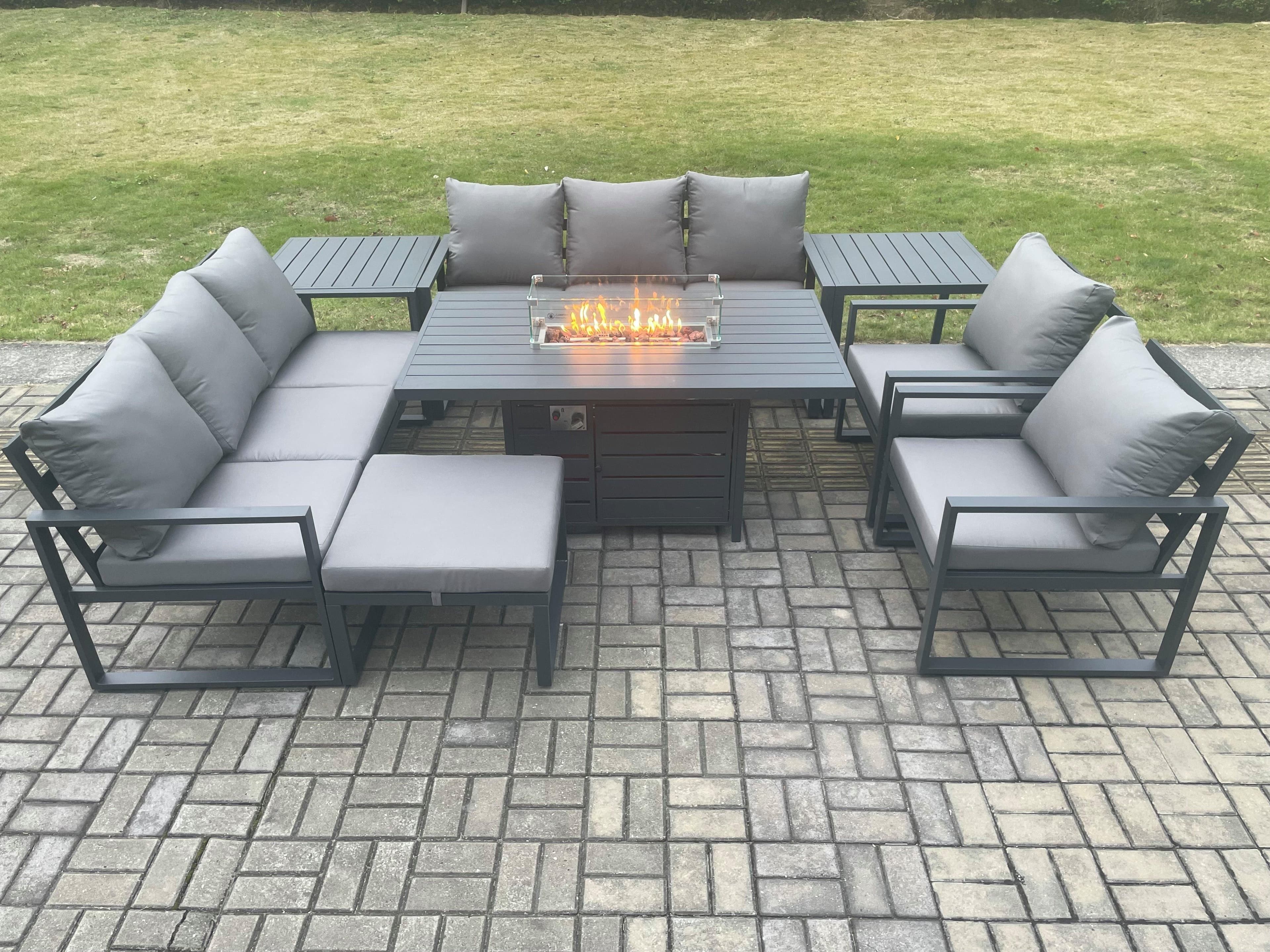 Aluminium Outdoor Garden Furniture Set Patio Lounge Sofa Gas Fire Pit Dining Table Set Big Footstool 2 Side Tables Dark Grey