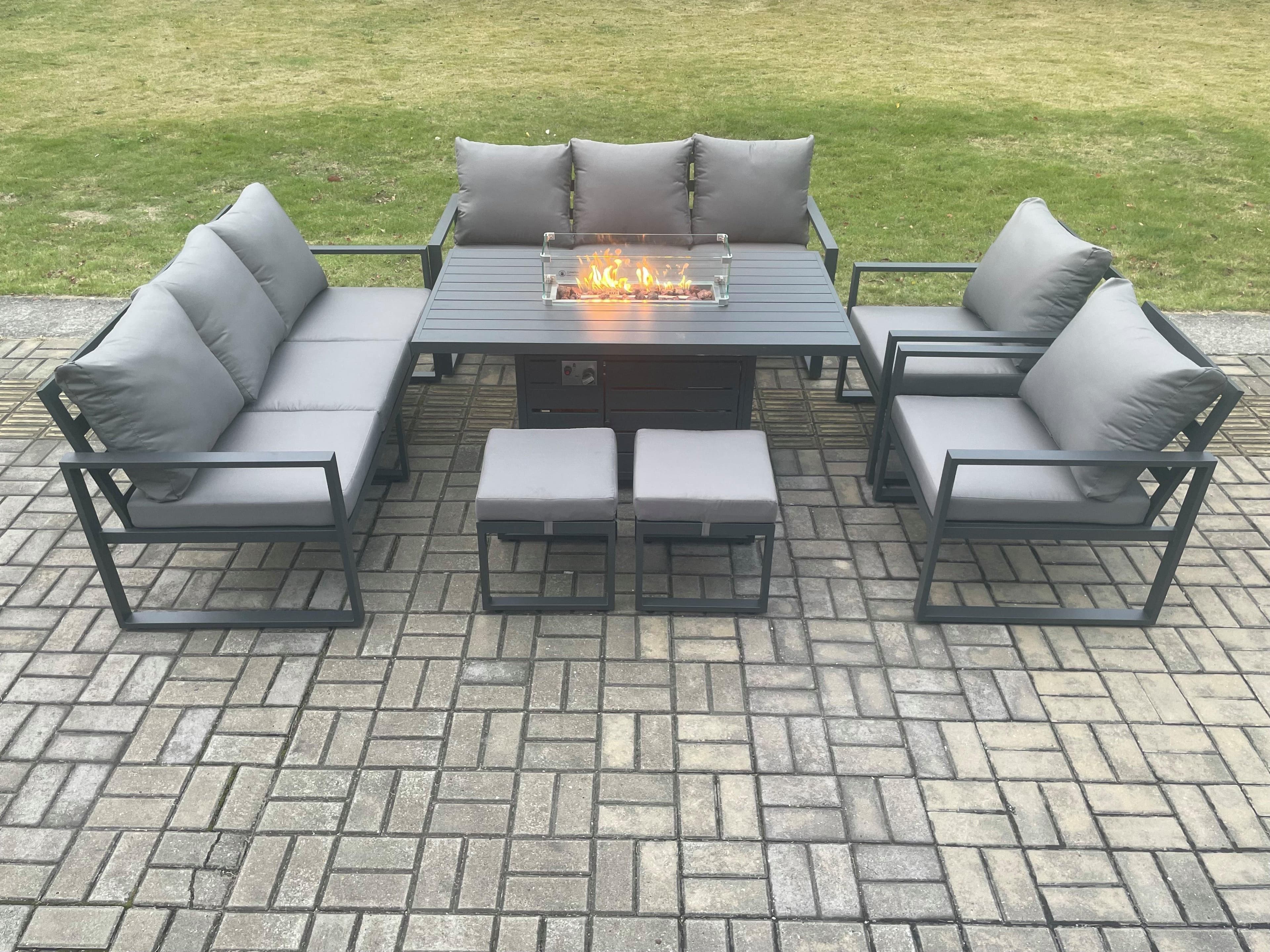 Aluminium Outdoor Garden Furniture Set Patio Lounge Sofa Gas Fire Pit Dining Table Set 2 Small Footstools Dark Grey