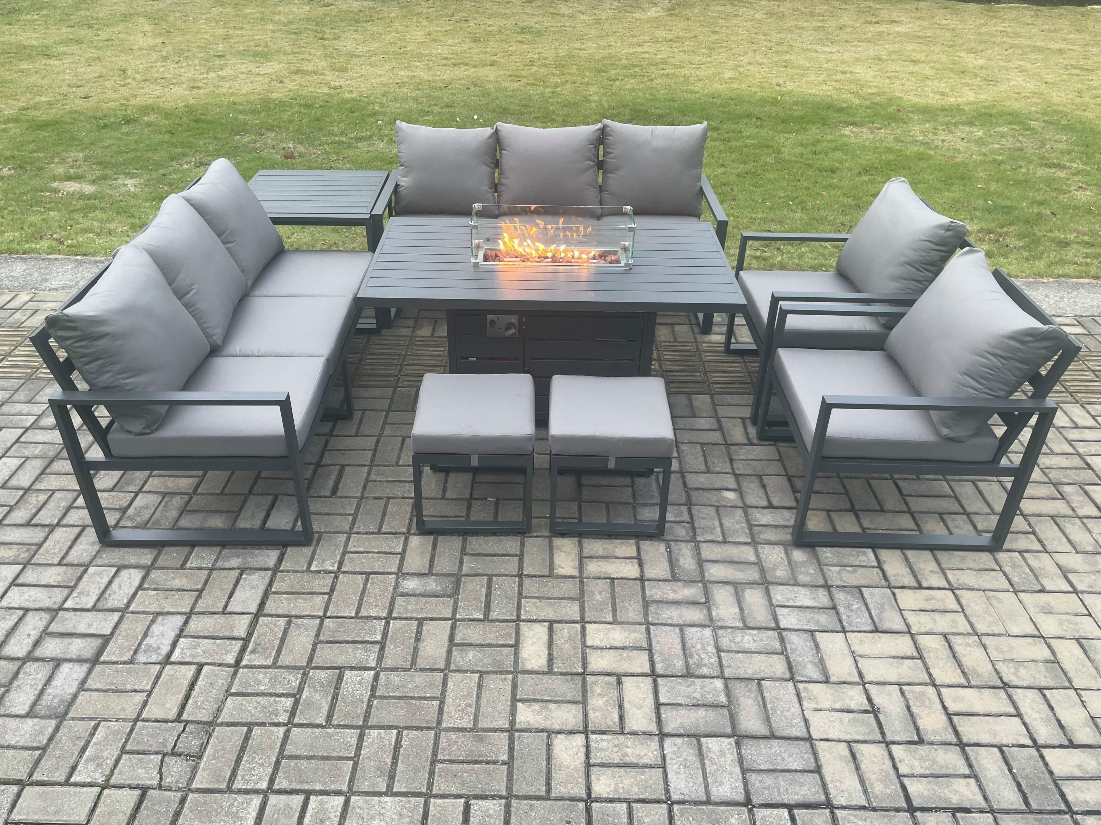 Aluminium Outdoor Garden Furniture Set Patio Lounge Sofa Gas Fire Pit Dining Table Set 2 Small Footstools Side Table Dark Grey