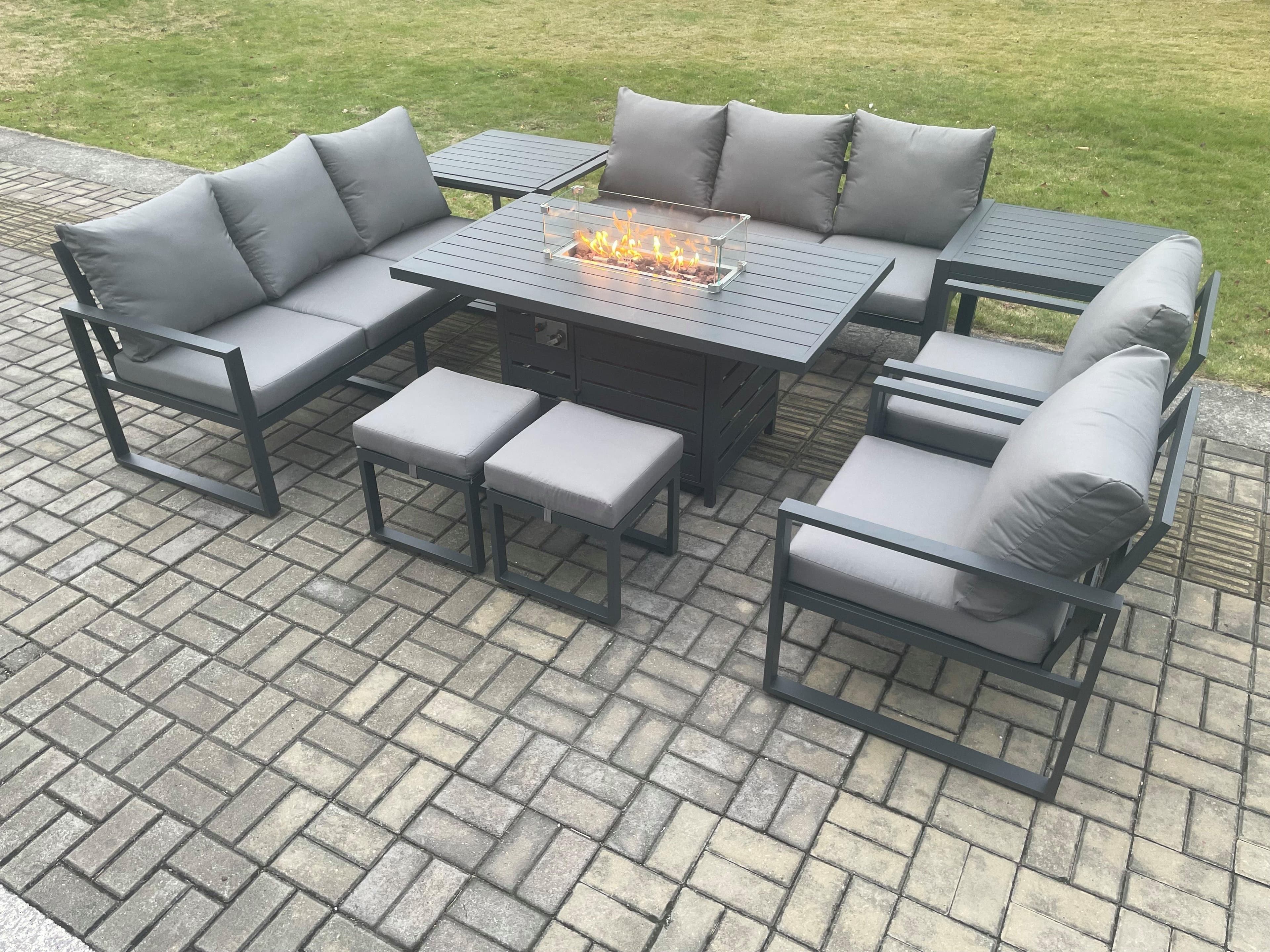 Aluminium Outdoor Garden Furniture Set Patio Lounge Sofa Gas Fire Pit Dining Table Set 2 Small Footstools 2 Side Tables
