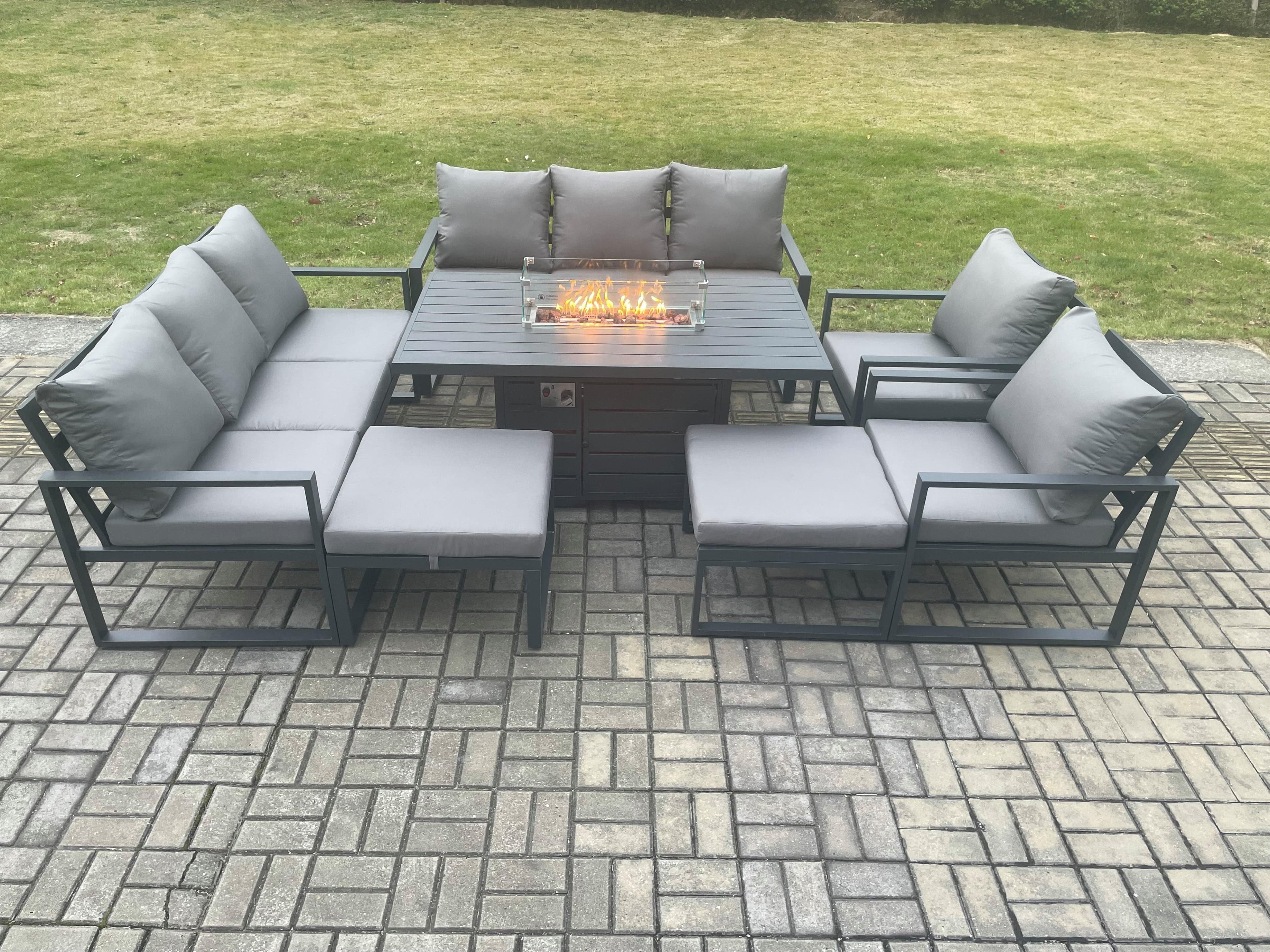 Aluminium Outdoor Garden Furniture Set Patio Lounge Sofa Gas Fire Pit Dining Table Set 2 Big Footstools Dark Grey