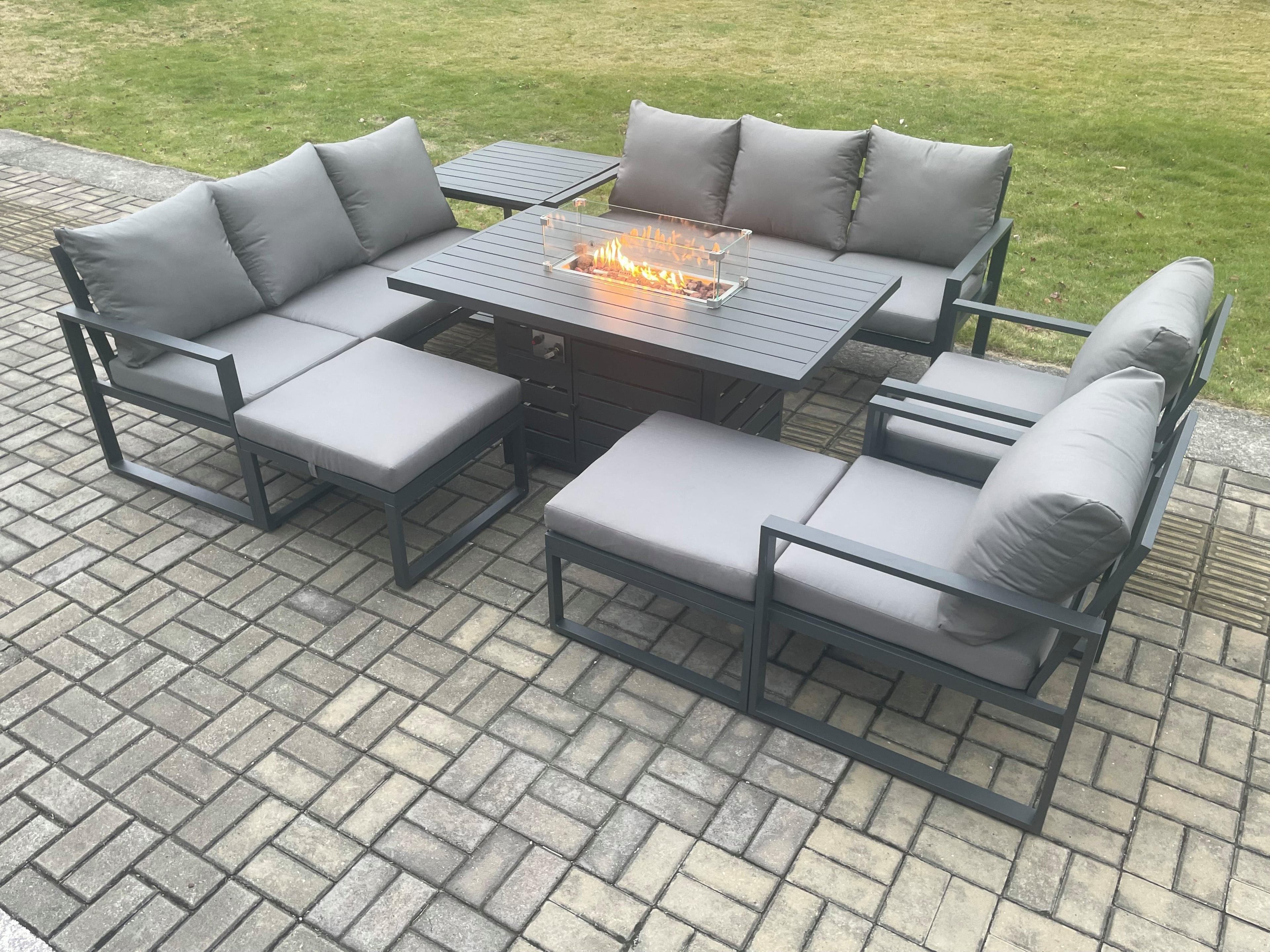 Aluminium Outdoor Garden Furniture Set Patio Lounge Sofa Gas Fire Pit Dining Table Set Side Table 2 Big Footstools Dark Grey
