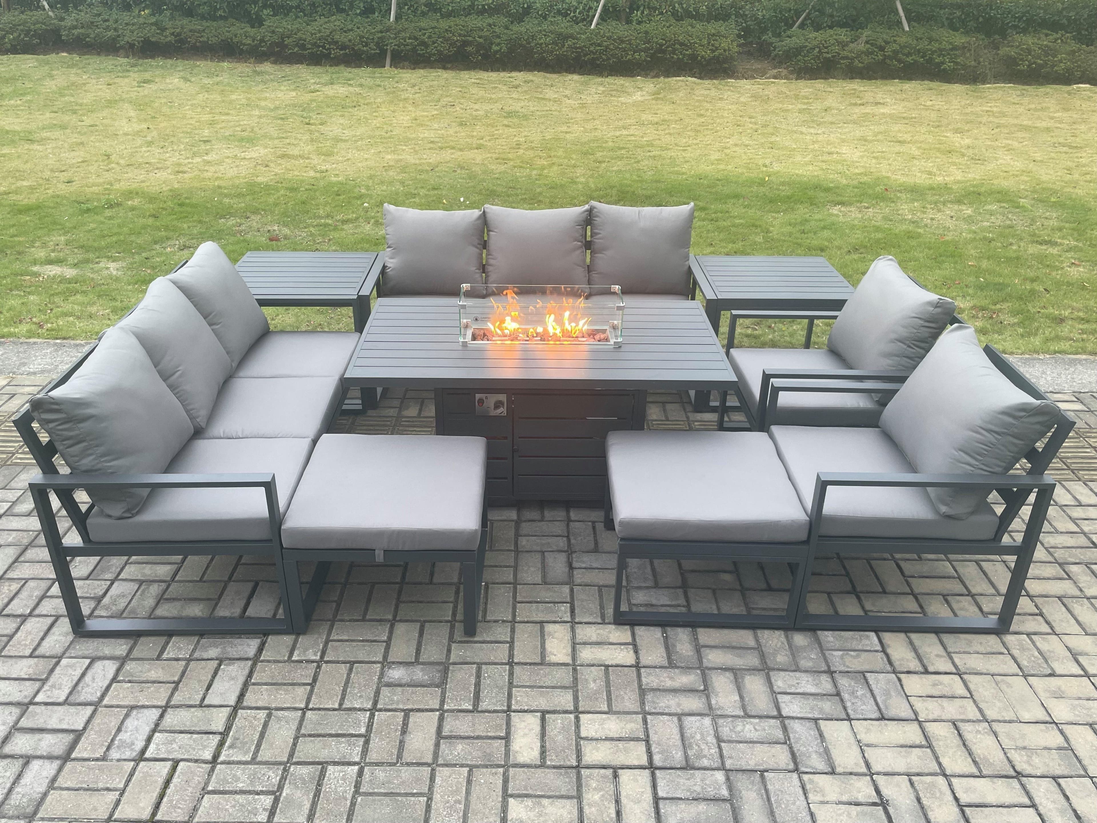 Aluminium Outdoor Garden Furniture Set Patio Lounge Sofa Gas Fire Pit Dining Table Set 2 Side Tables 2 Big Footstools