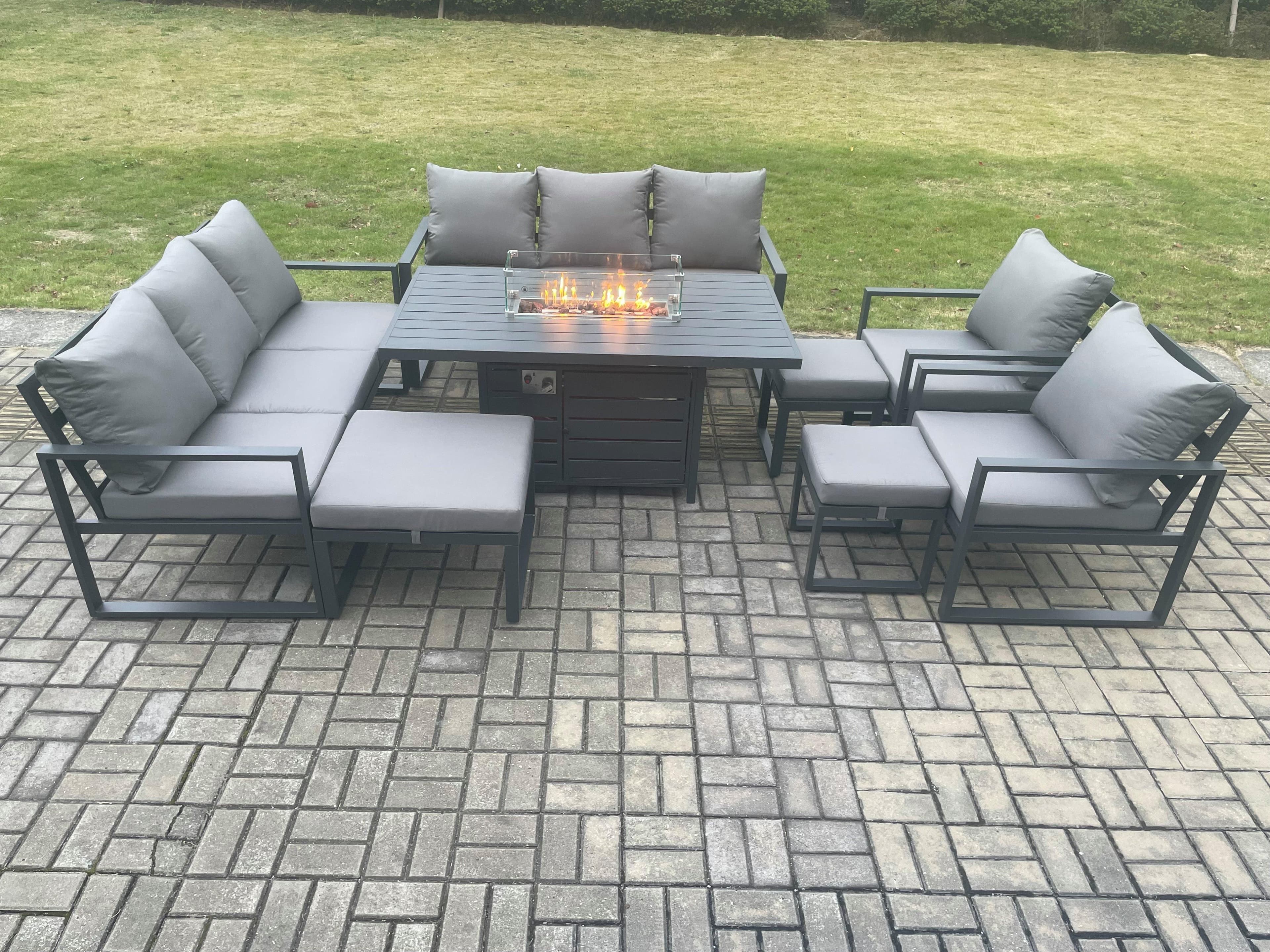 Aluminium Outdoor Garden Furniture Set Patio Lounge Sofa Gas Fire Pit Dining Table Set 3 Footstools Dark Grey