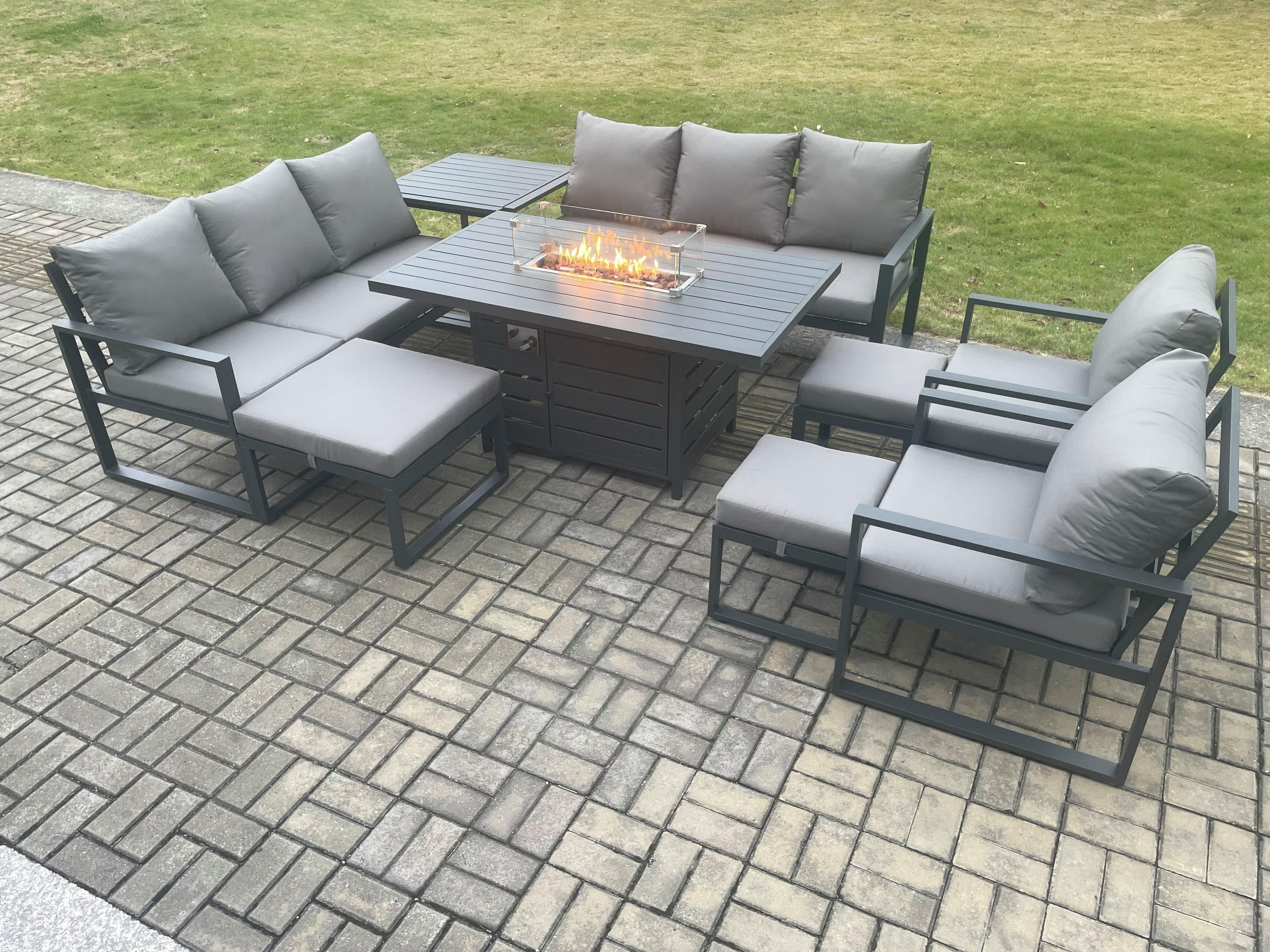 Aluminium Outdoor Garden Furniture Set Patio Lounge Sofa Gas Fire Pit Dining Table Set 3 Footstools Side Table Dark Grey