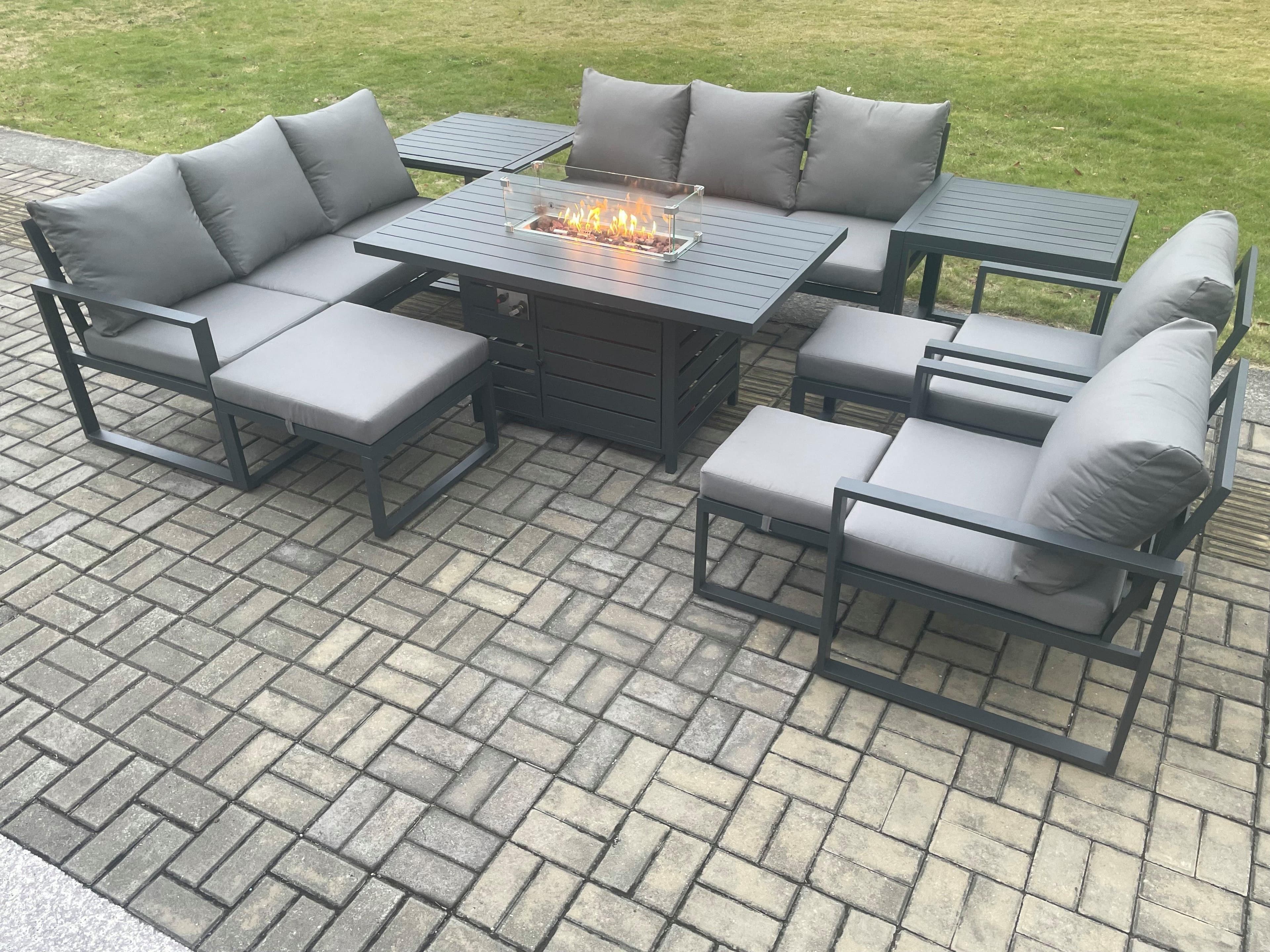 Aluminium Garden Furniture Outdoor Set Patio Lounge Sofa Gas Fire Pit Dining Table Set 3 Footstools 2 Side Tables Dark Grey