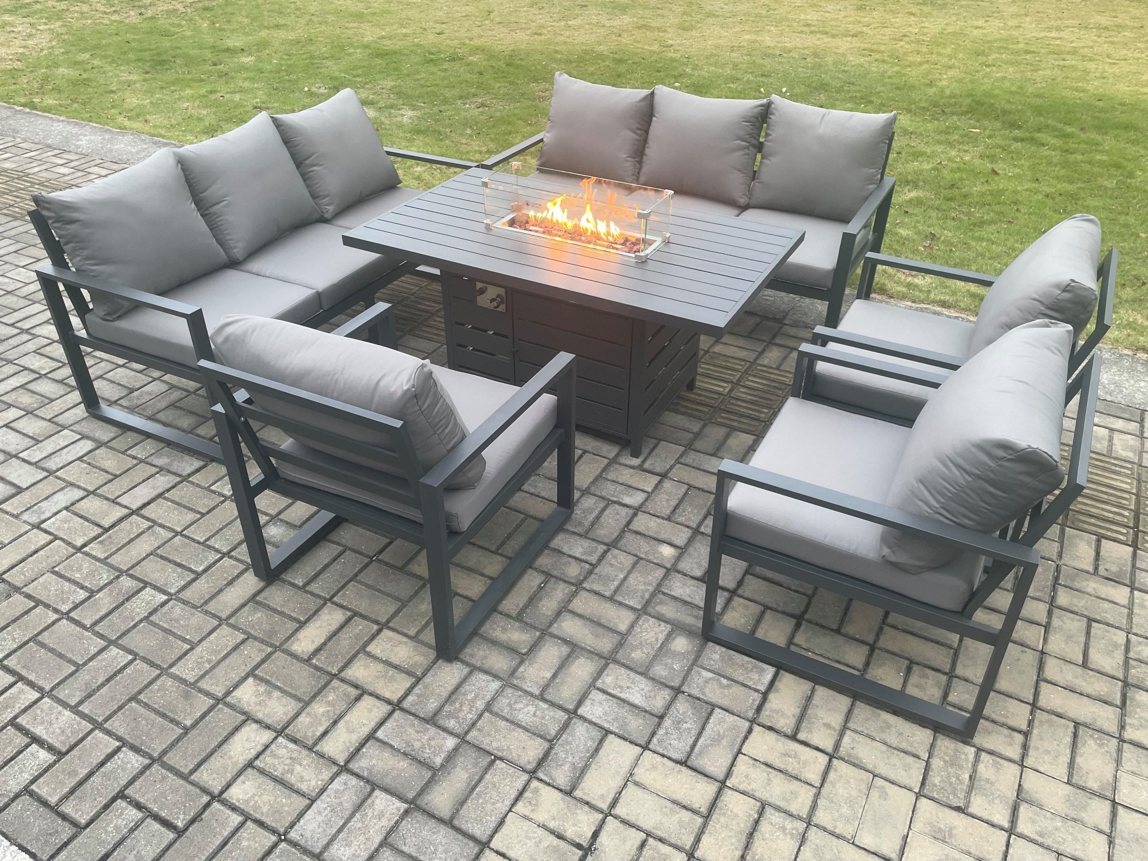 Aluminium Garden Furniture Outdoor Set Patio Lounge Sofa Gas Fire Pit Dining Table Set 3 Armchair Dark Grey