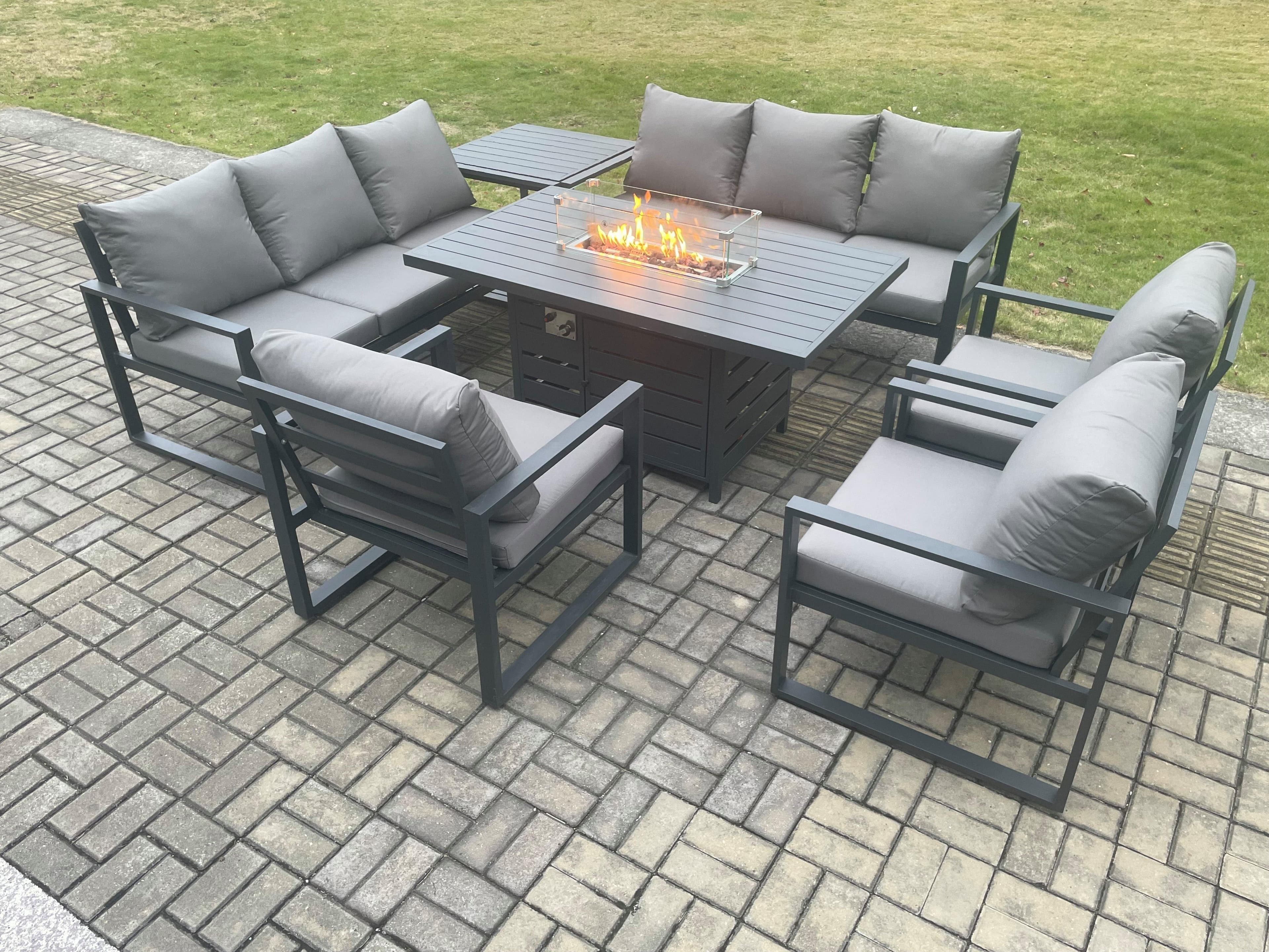 Aluminium Garden Furniture Outdoor Set Patio Lounge Sofa Gas Fire Pit Dining Table Set 3 Armchair Side Table Dark Grey