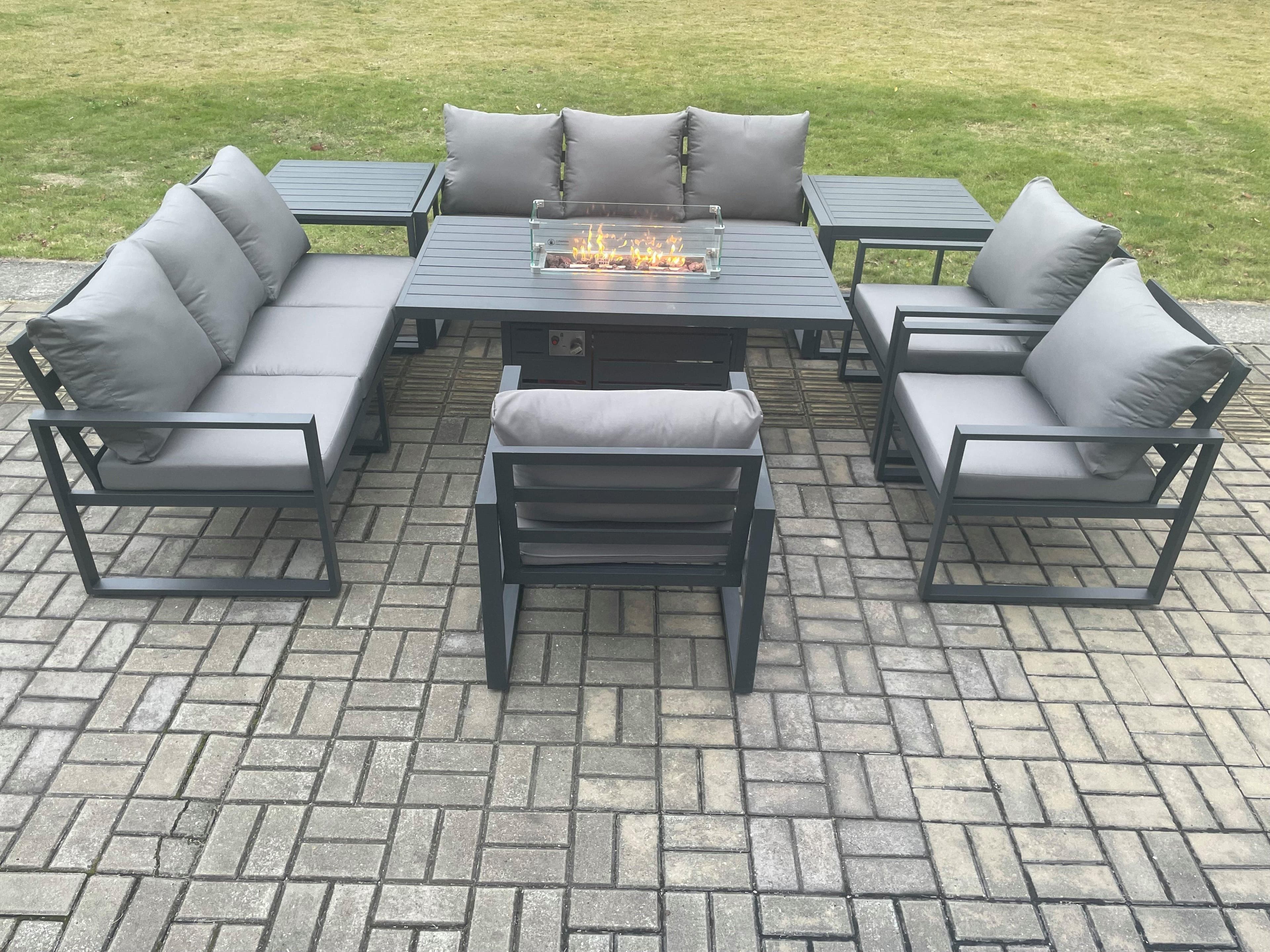 Aluminium Garden Furniture Outdoor Set Patio Lounge Sofa Gas Fire Pit Dining Table Set 3 Armchair 2 Side Table Dark Grey