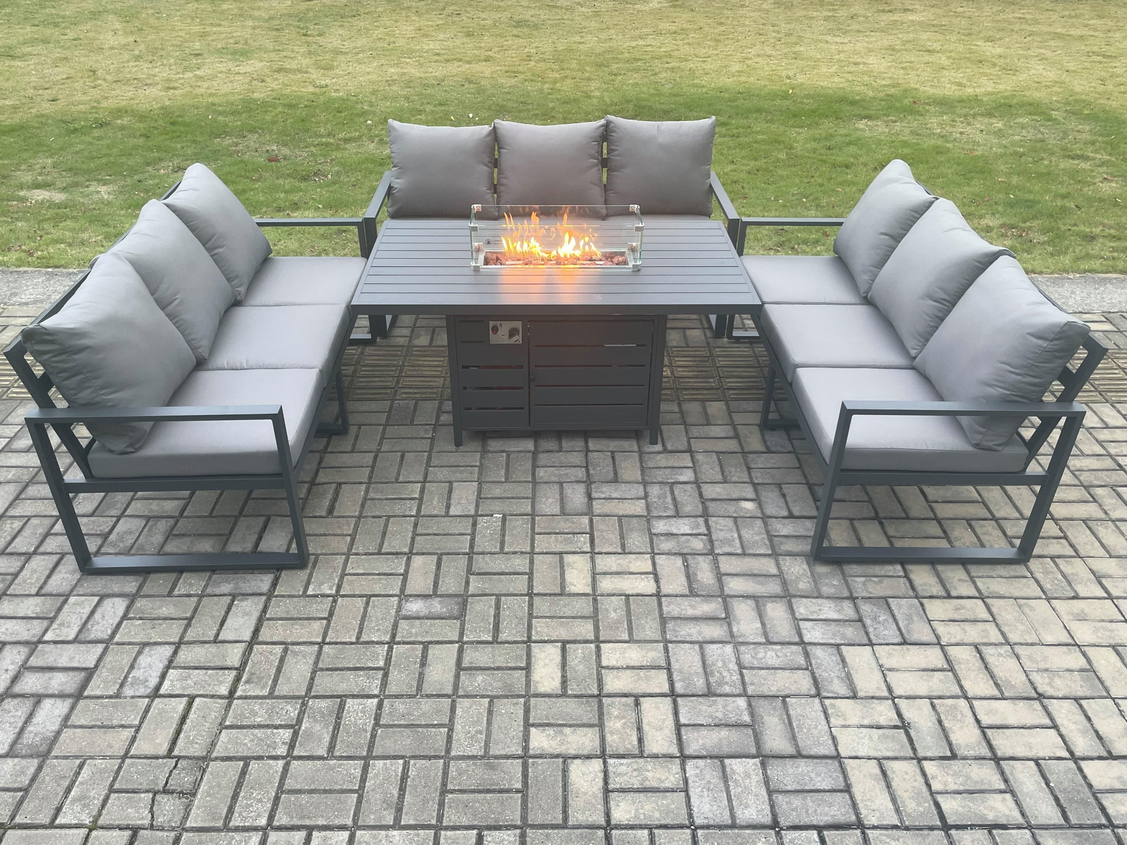 Aluminium 9 Seater Garden Furniture Outdoor Set Patio Lounge Sofa Gas Fire Pit Dining Table Set Dark Grey