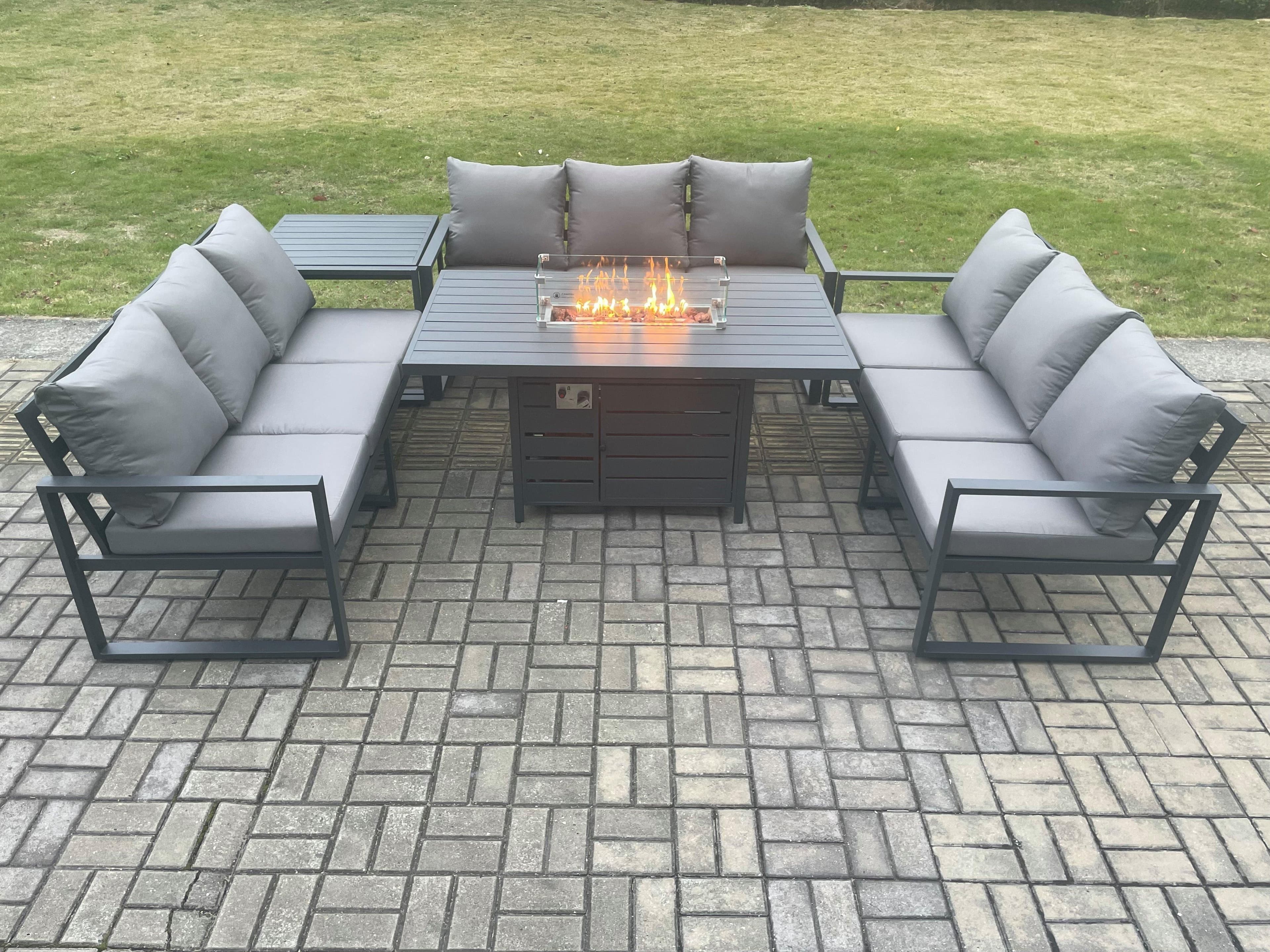 Aluminium 9 Seater Garden Furniture Outdoor Set Patio Lounge Sofa Gas Fire Pit Dining Table Set Side Table Dark Grey