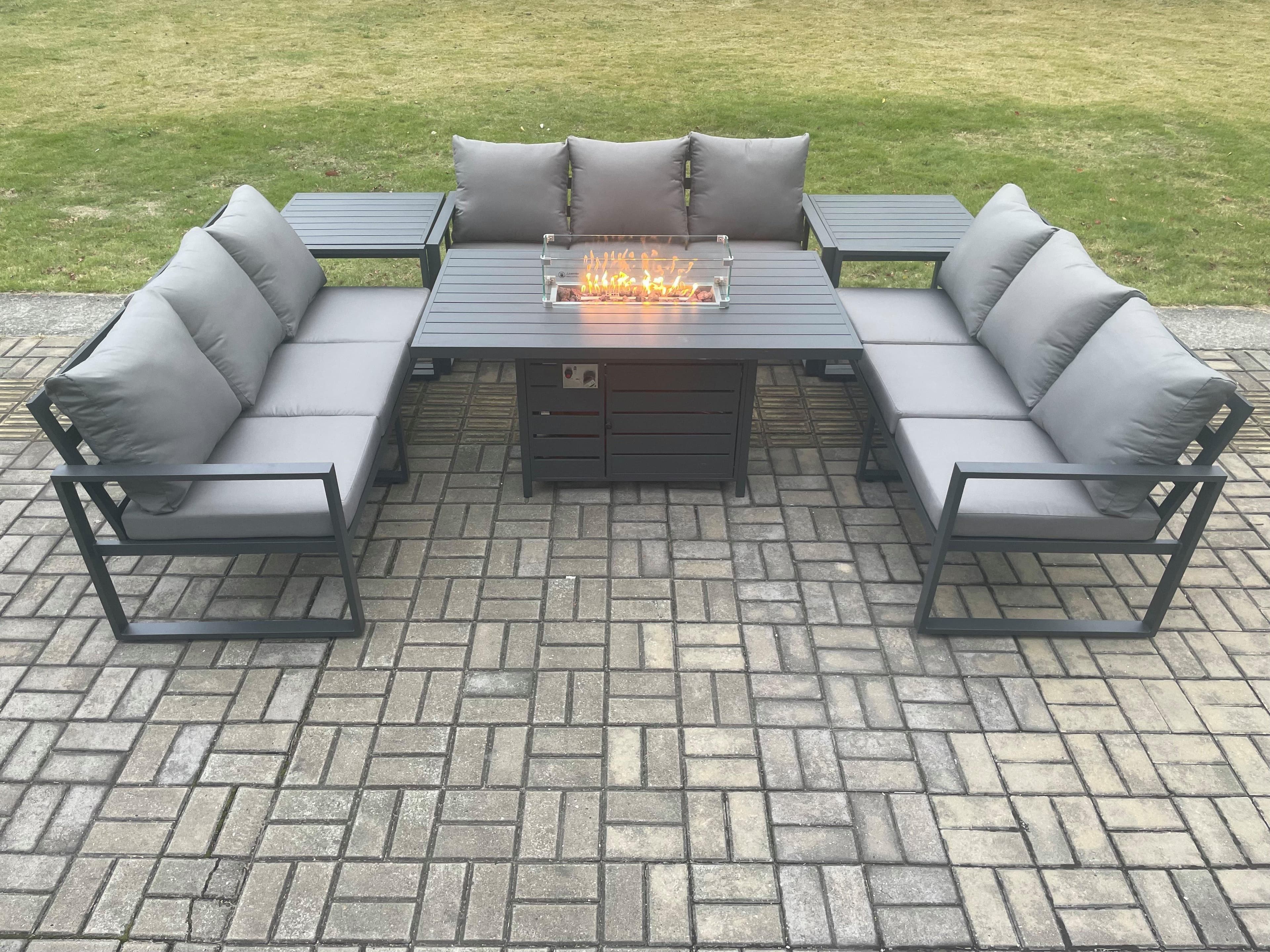 Aluminium 9 Seater Garden Furniture Outdoor Set Patio Lounge Sofa Gas Fire Pit Dining Table Set 2 Side Tables Dark Grey