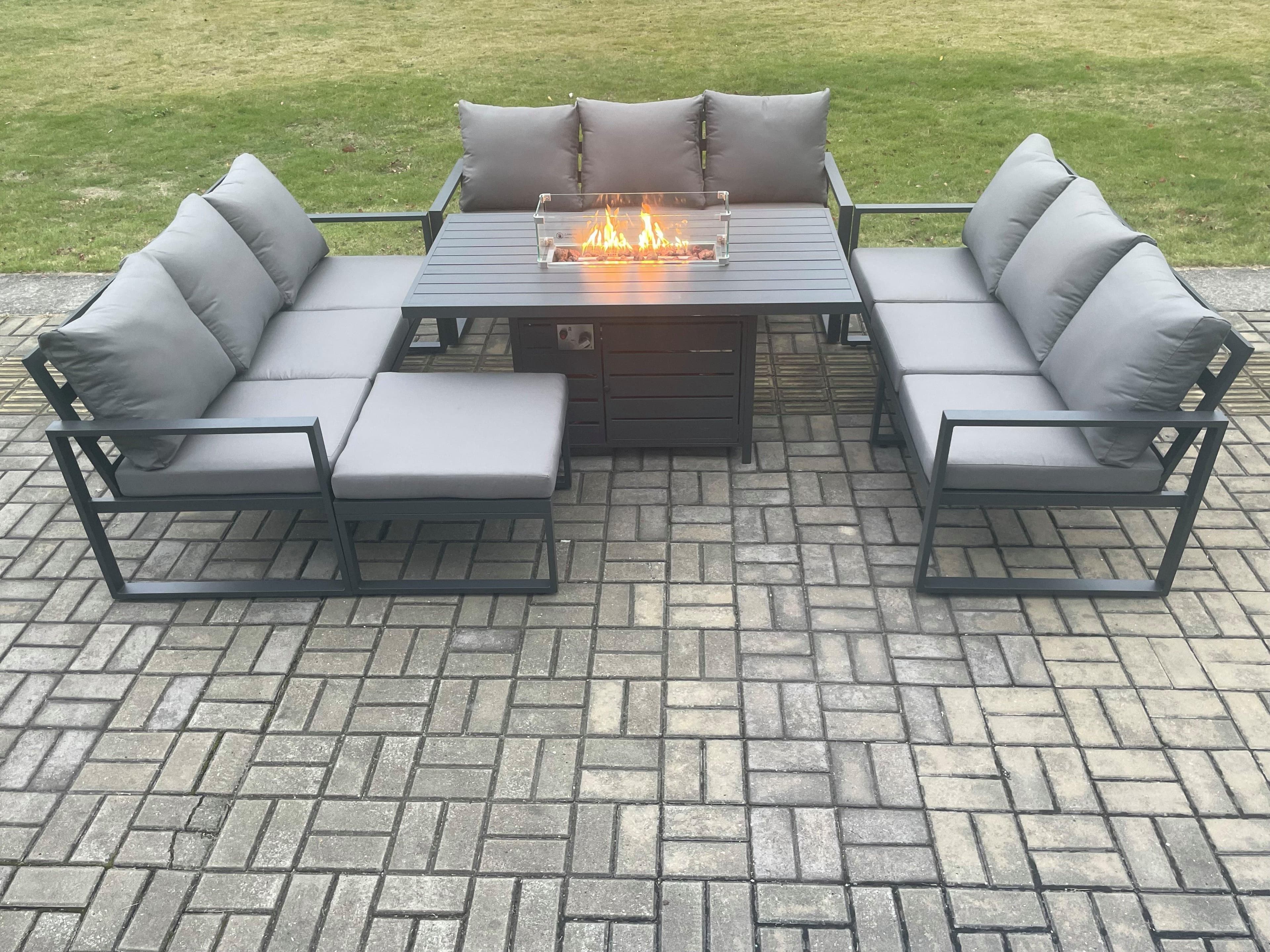 Aluminium 10 Seater Garden Furniture Outdoor Set Patio Lounge Sofa Gas Fire Pit Dining Table Set Big Footstool Dark Grey