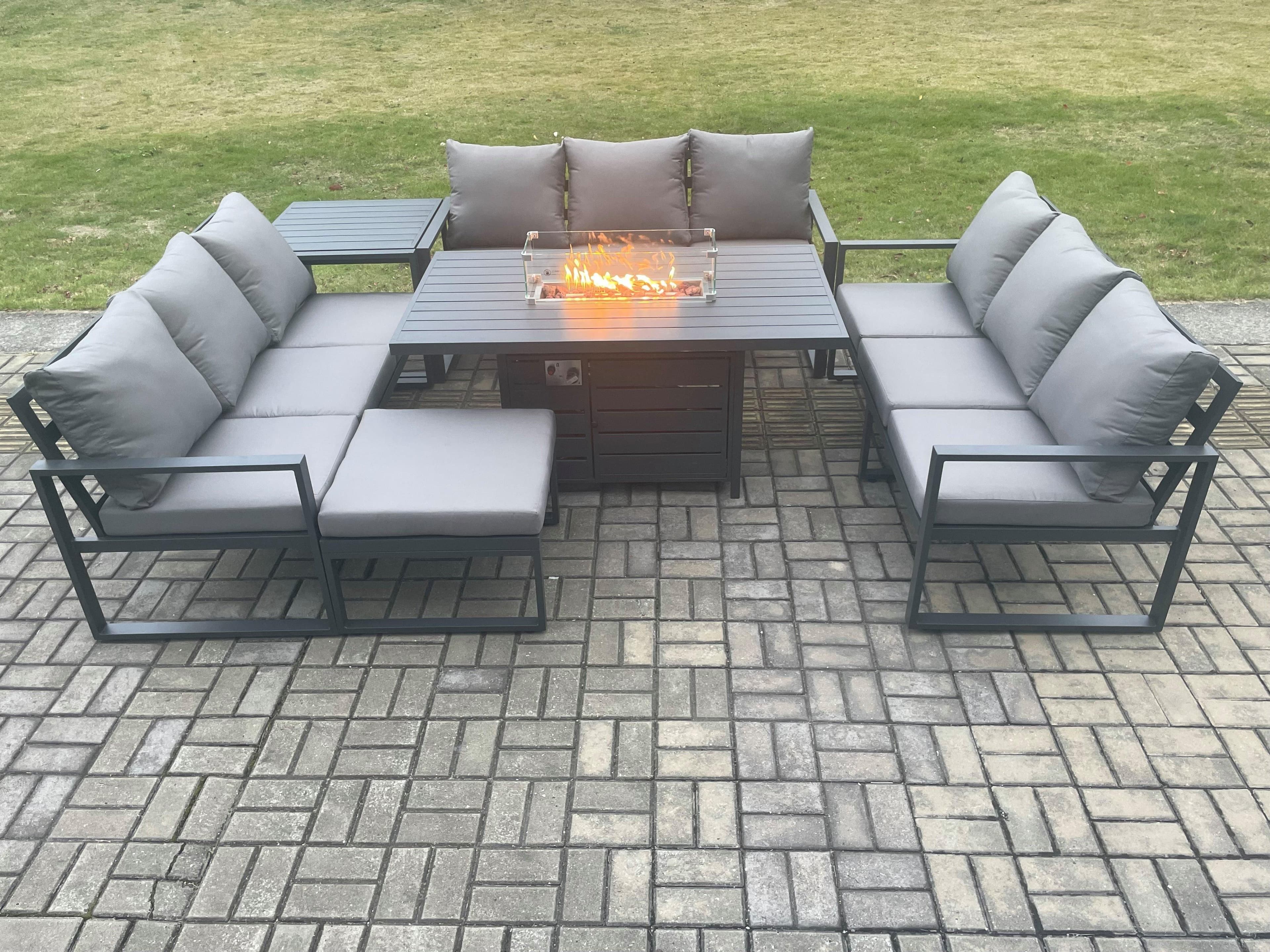Aluminium 10 Seater Garden Furniture Outdoor Set Patio Lounge Sofa Gas Fire Pit Dining Table Set Big Footstool Side Table