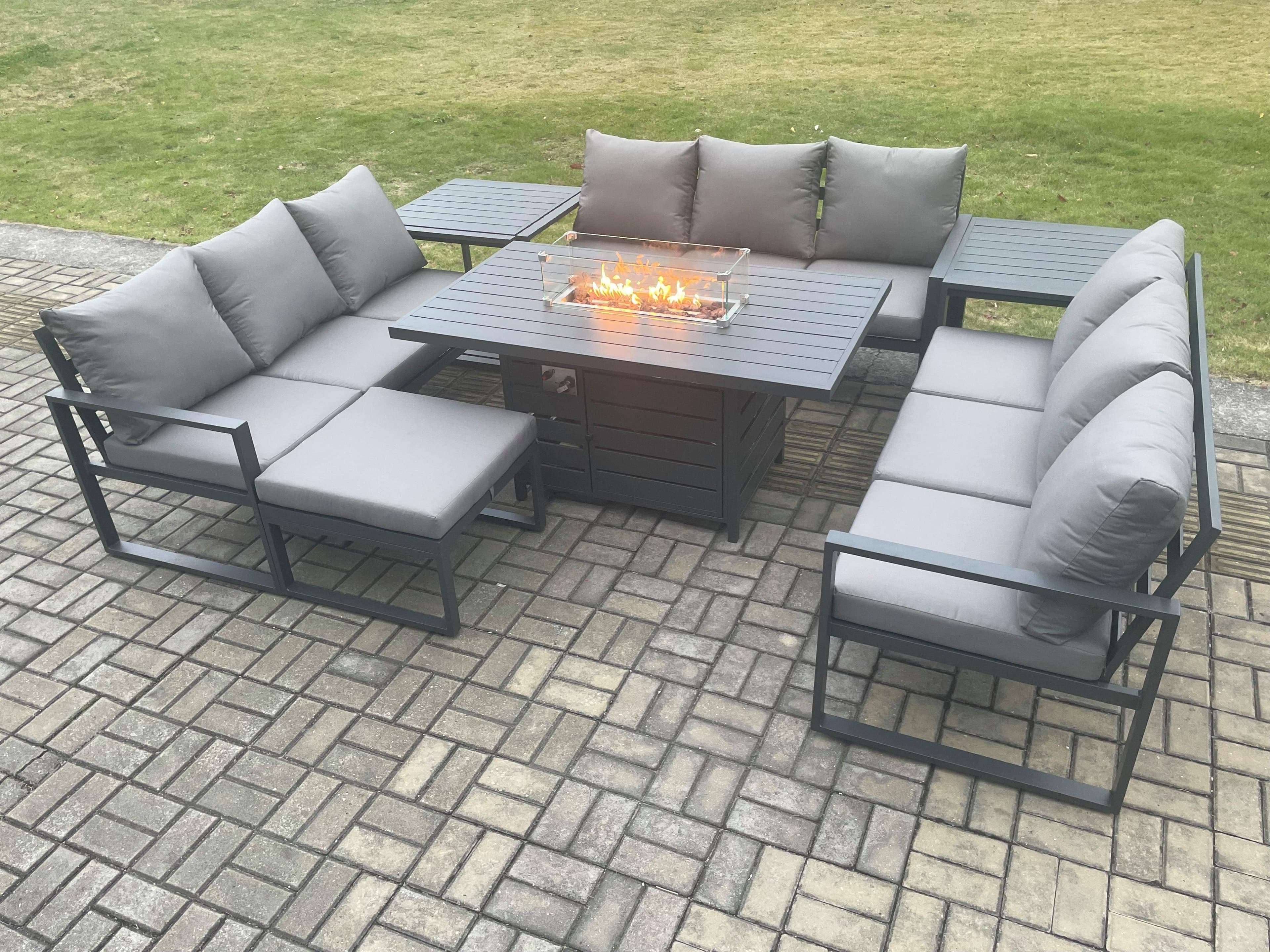 Aluminium 10 Seater Garden Furniture Outdoor Set Patio Lounge Sofa Gas Fire Pit Dining Table Set Big Footstool 2 Side Tables