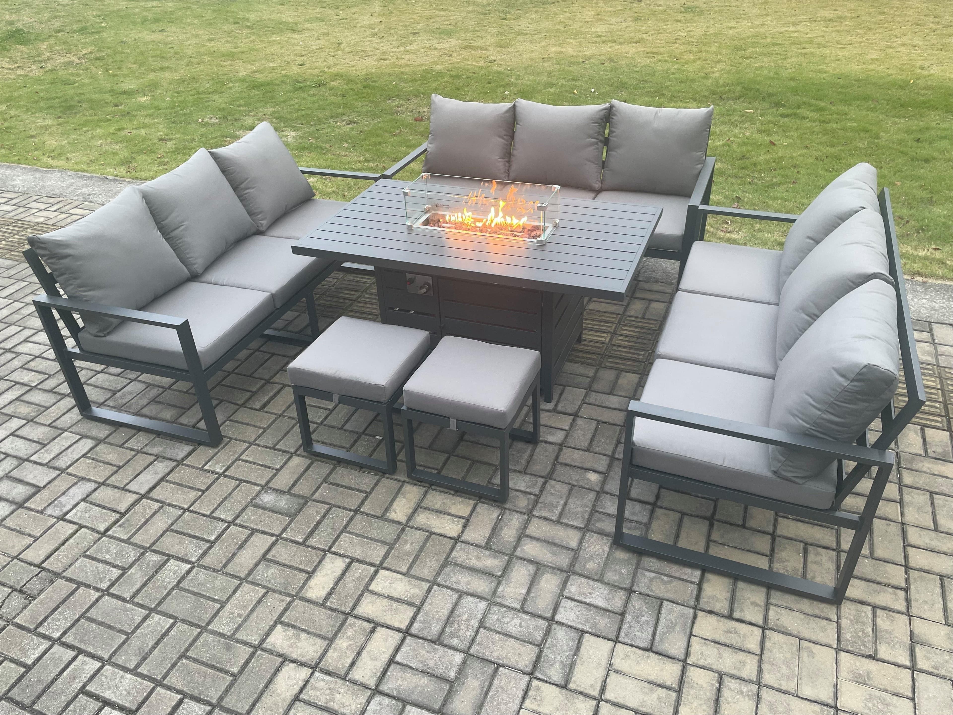 Aluminium 11 Seater Garden Furniture Outdoor Set Patio Lounge Sofa Gas Fire Pit Dining Table Set 2 Small Footstools Dark Grey