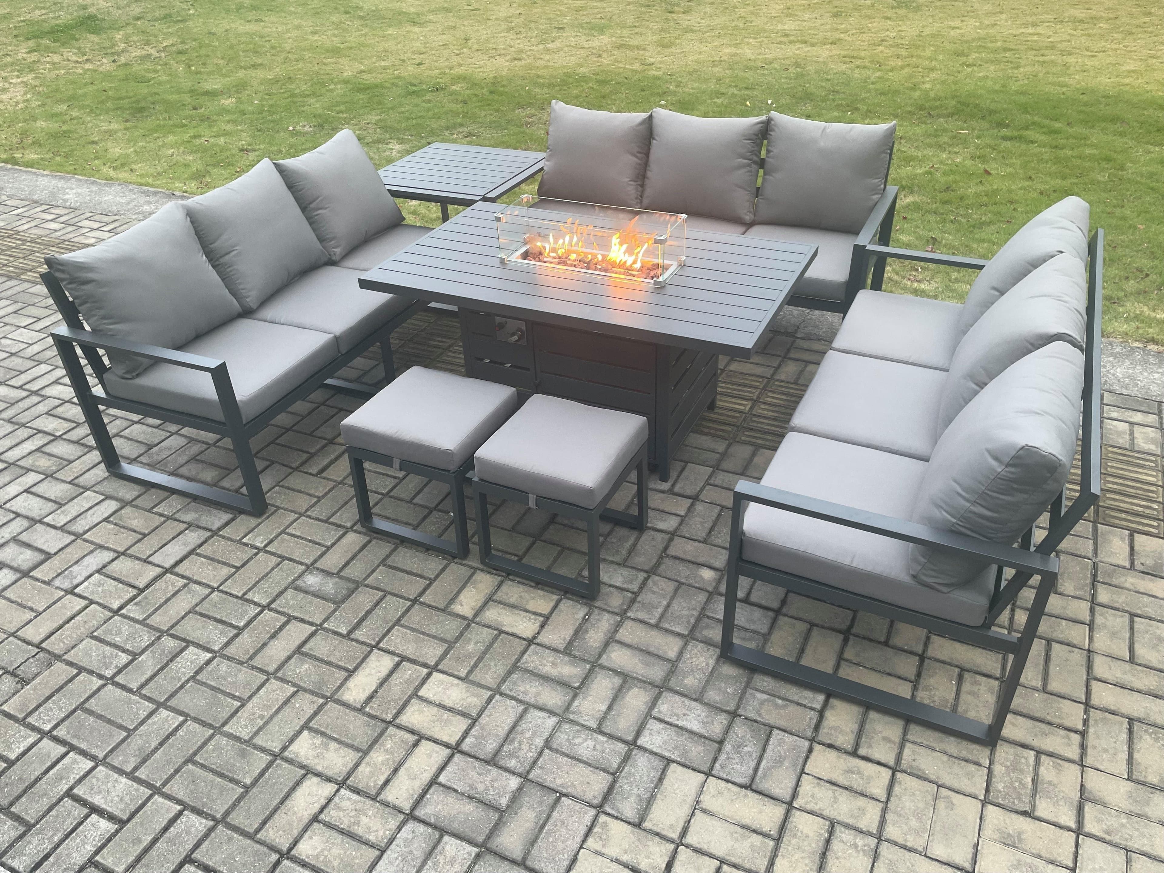 Aluminium 11 Seater Garden Furniture Outdoor Set Patio Lounge Sofa Gas Fire Pit Dining Table Set 2 Small Footstools Side Table
