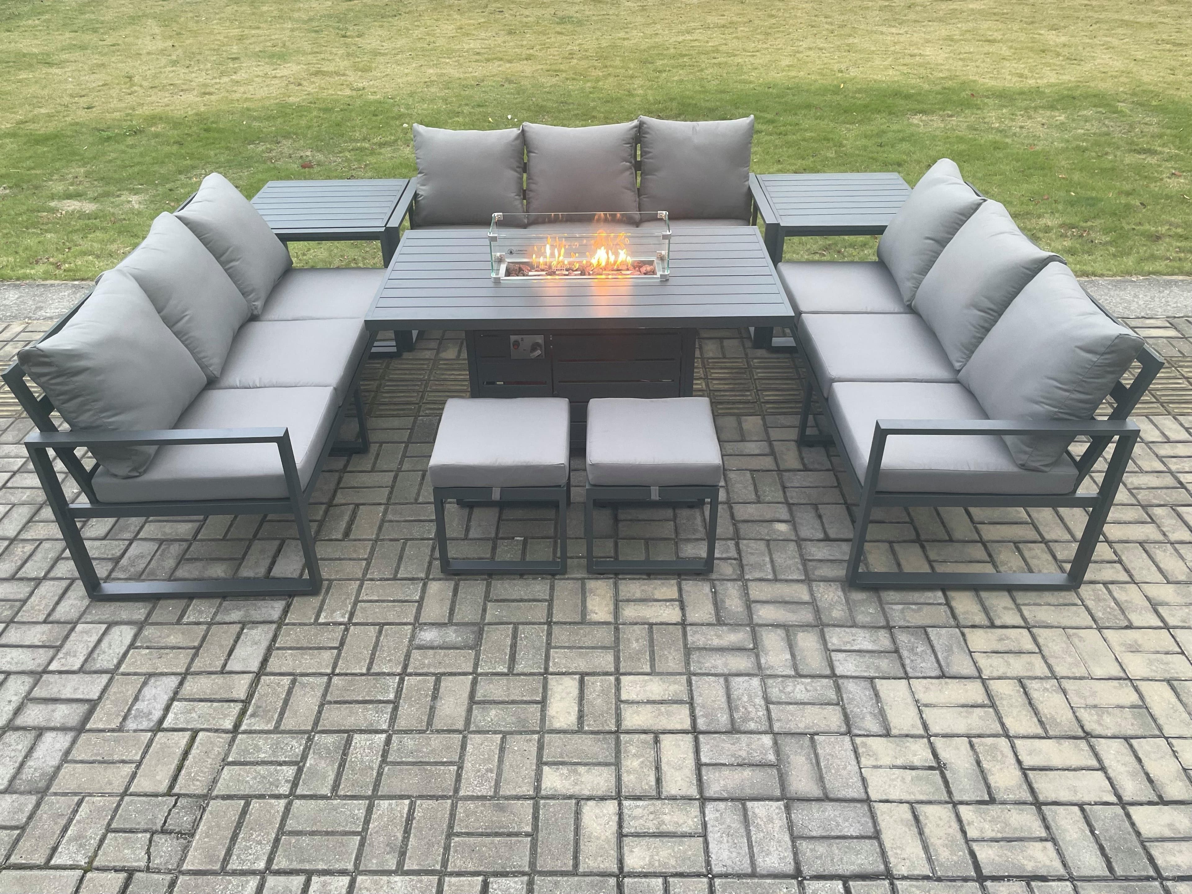 Aluminium 11 Seater Garden Furniture Outdoor Set Patio Lounge Sofa Gas Fire Pit Dining Table Set 2 Small Footstools