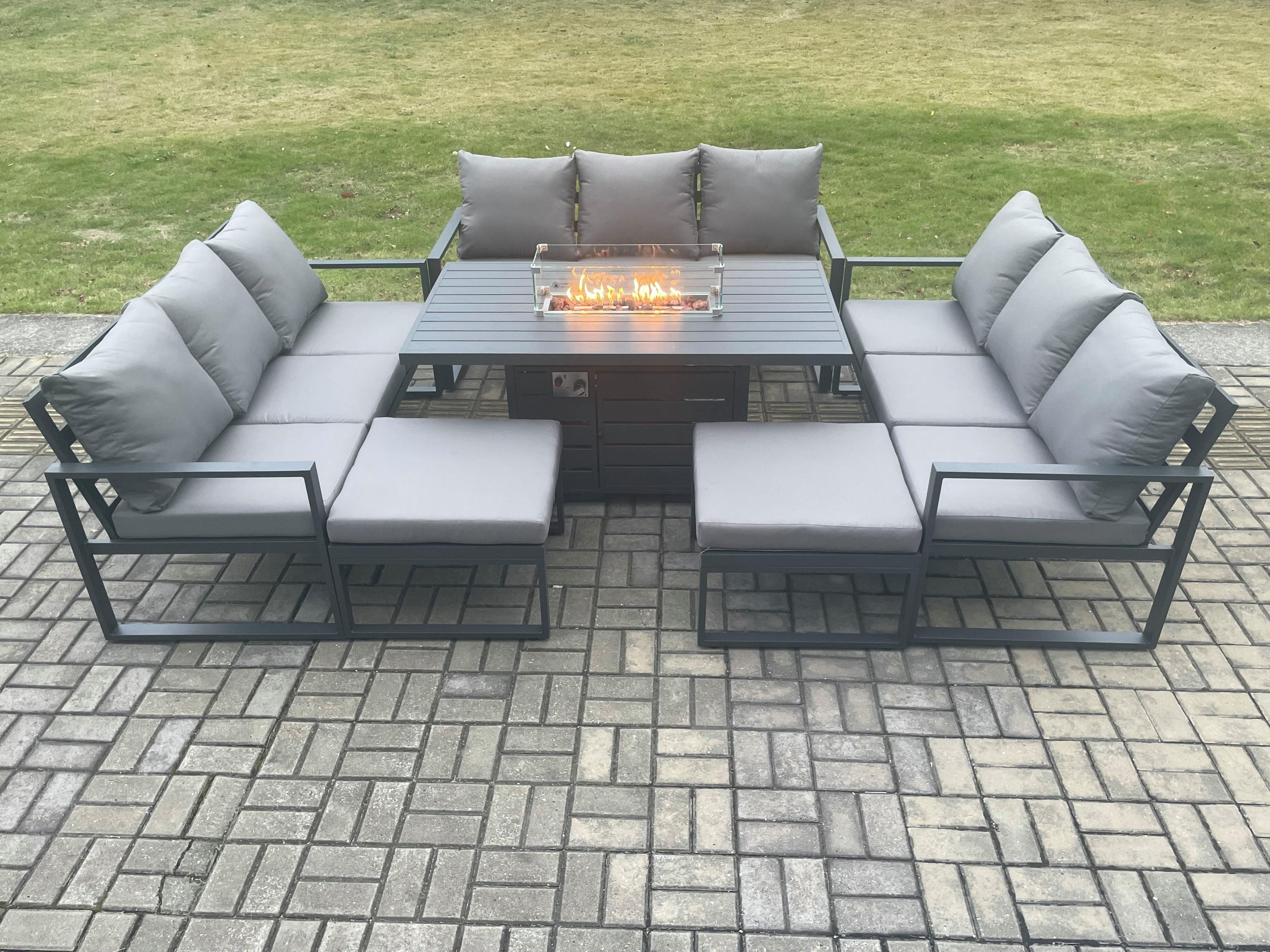 Aluminium 11 Seater Garden Furniture Outdoor Set Patio Lounge Sofa Gas Fire Pit Dining Table Set 2 Big Footstools Dark Grey