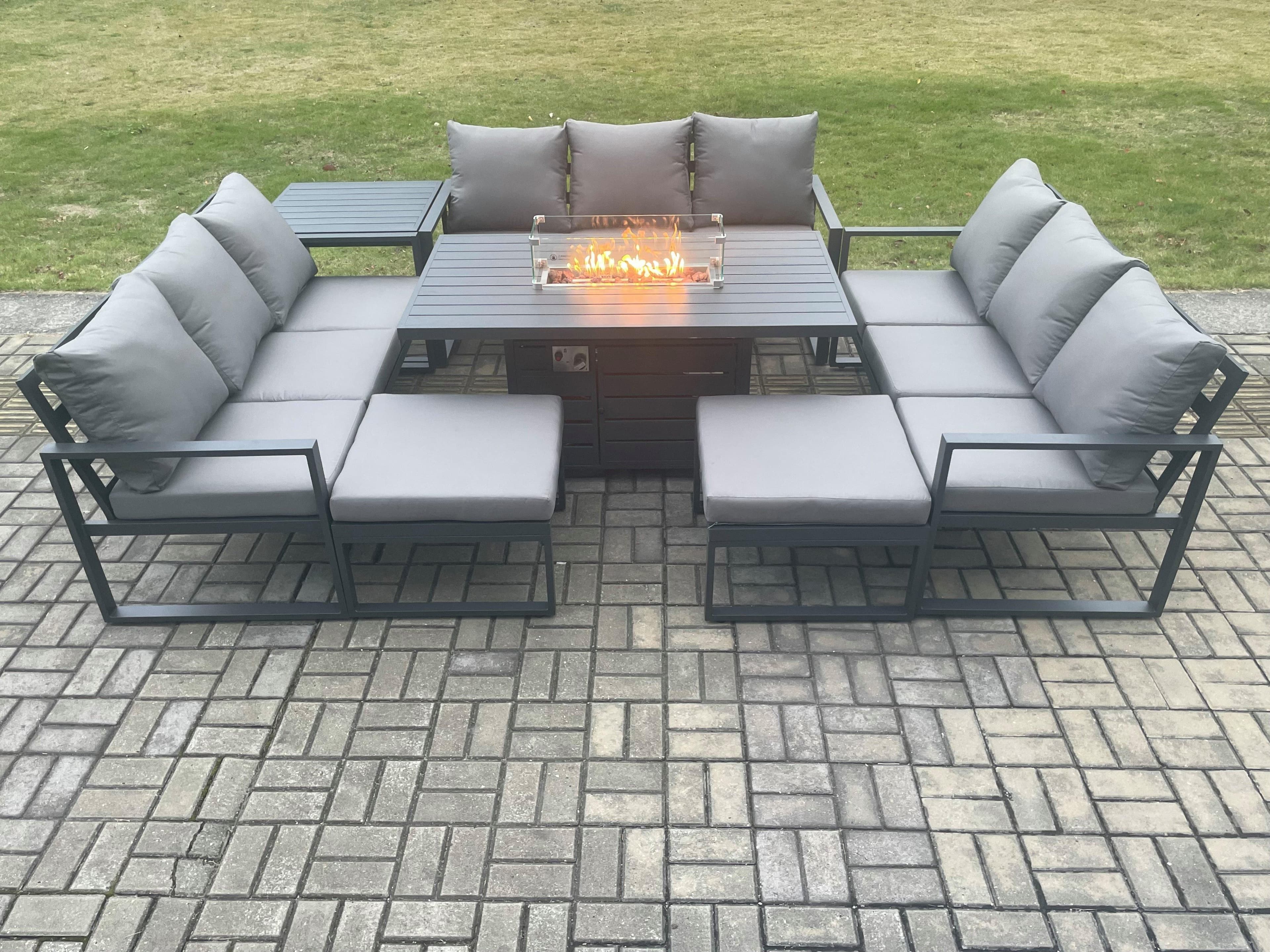 Aluminium 11 Seater Garden Furniture Outdoor Set Patio Lounge Sofa Gas Fire Pit Dining Table Set 2 Big Footstools Side Table