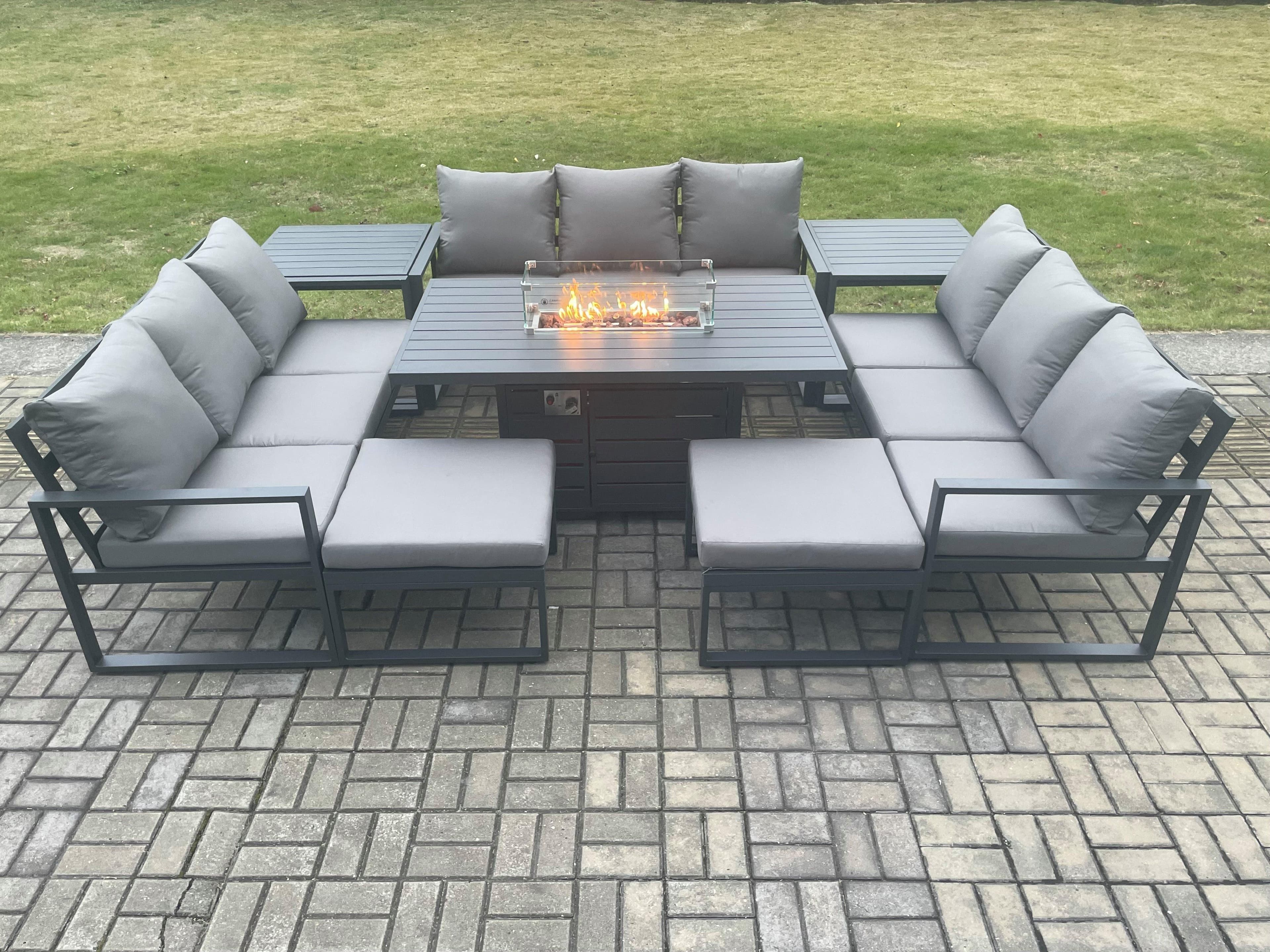 Aluminium 11 Seater Garden Furniture Outdoor Set Patio Lounge Sofa Gas Fire Pit Dining Table Set 2 Big Footstools