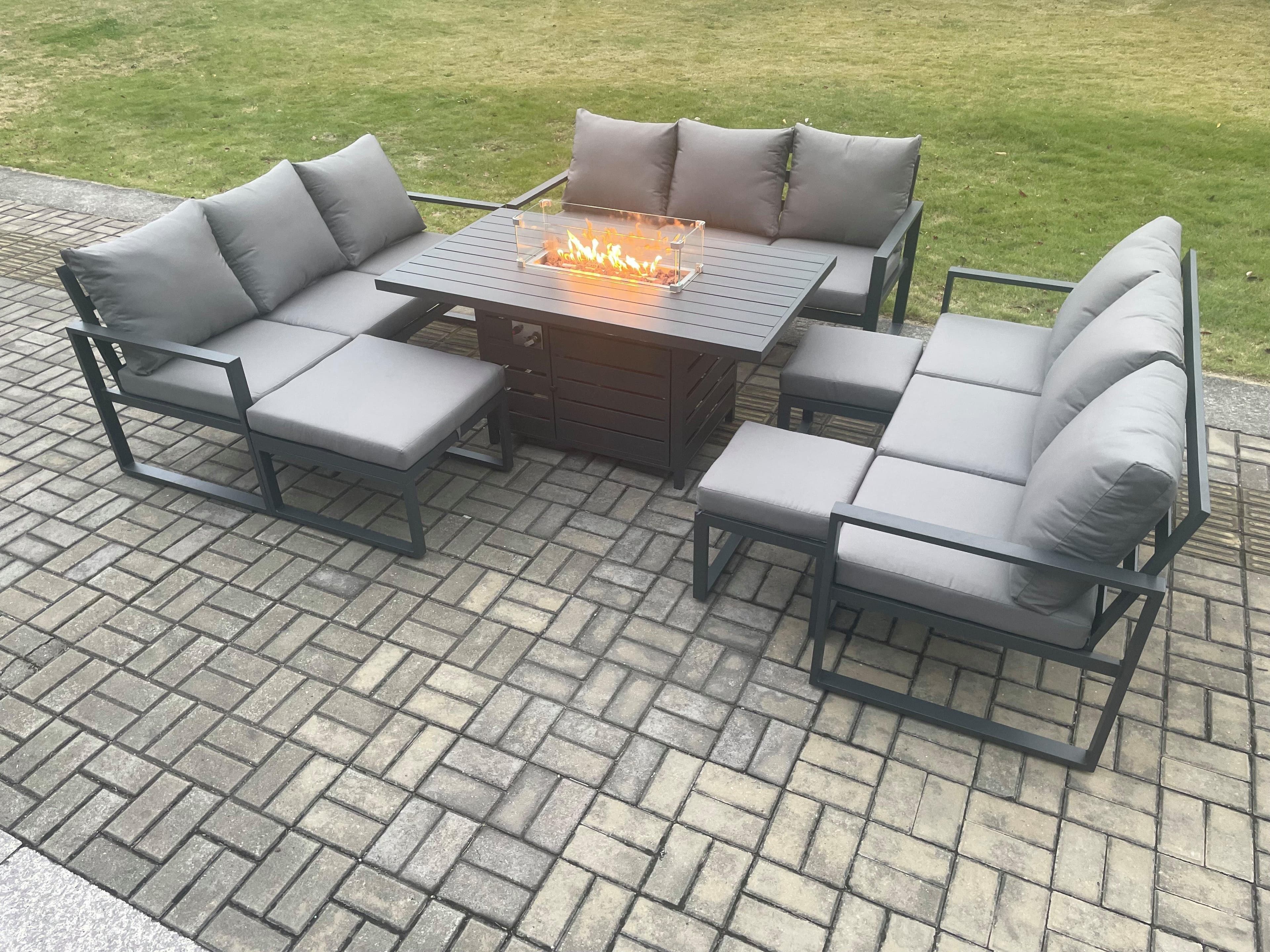 Aluminium Garden Furniture Outdoor Set Patio Lounge Sofa Gas Fire Pit Dining Table Set 3 Footstools Dark Grey