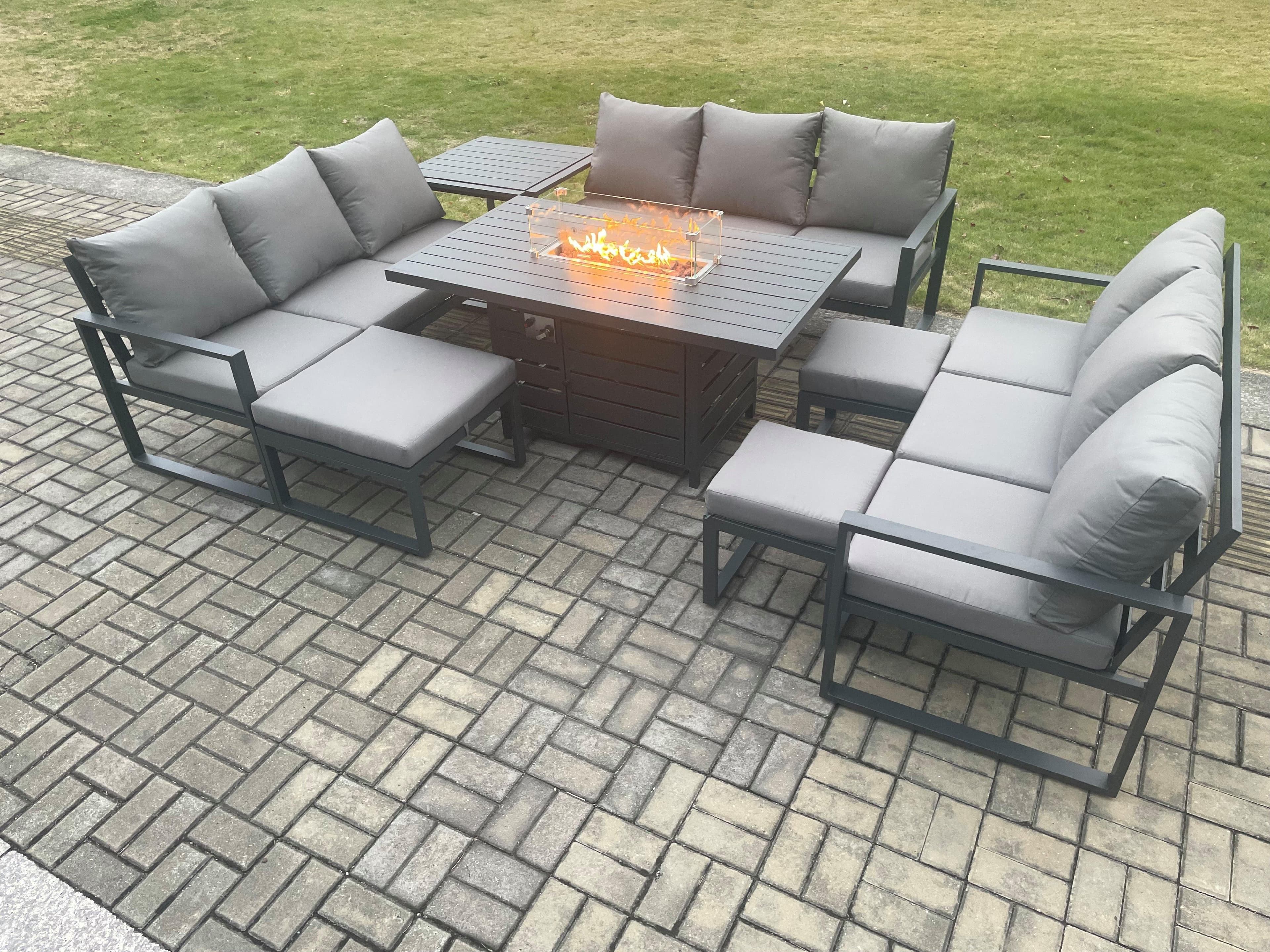 Aluminium Garden Furniture Outdoor Set Patio Lounge Sofa Gas Fire Pit Dining Table Set 3 Footstools Side Table Dark Grey