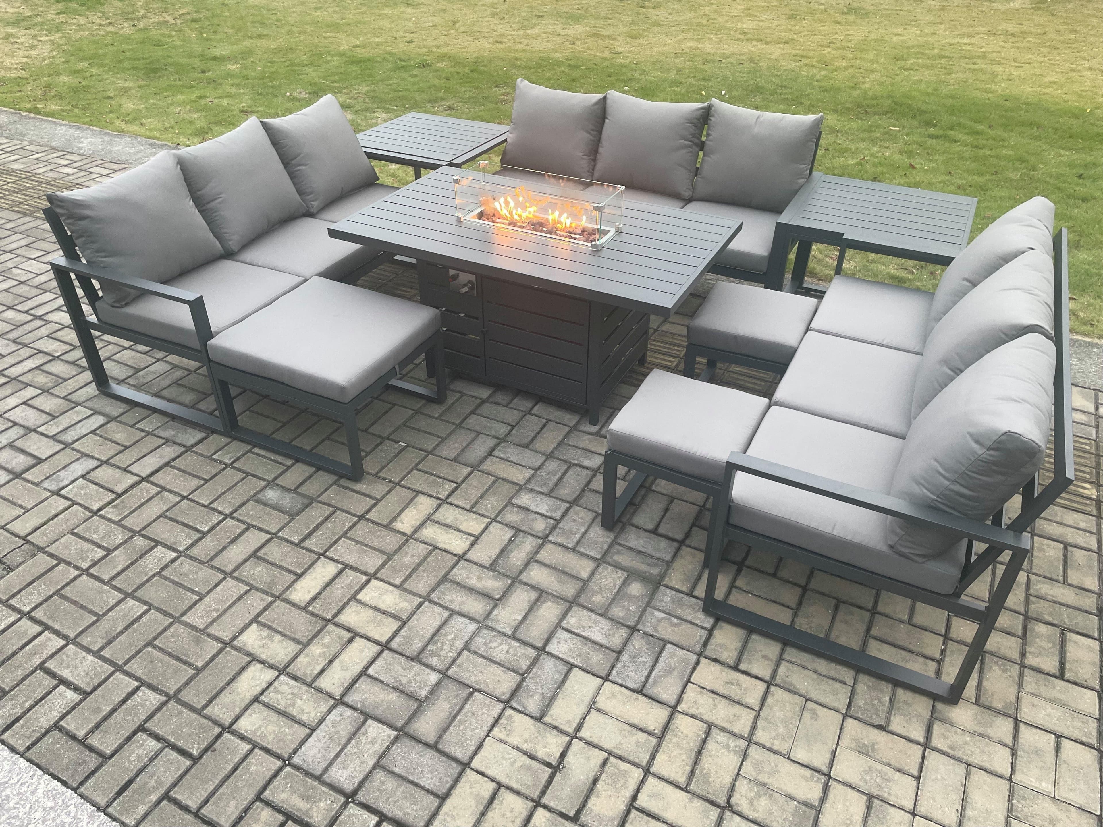 Aluminium Garden Furniture Outdoor Set Patio Lounge Sofa Gas Fire Pit Dining Table Sets 3 Footstools 2 Side Tables Dark Grey
