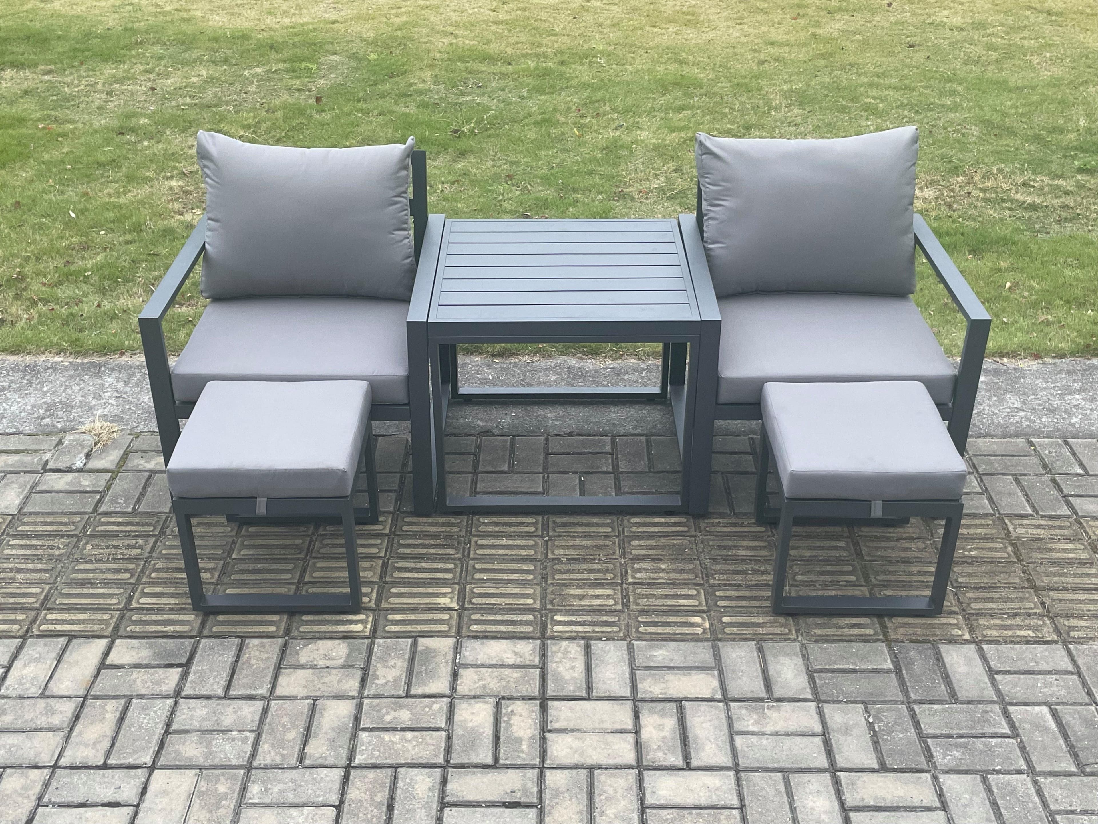 Aluminium 5 Pieces Garden Furniture Sofa Set Chair 2 Small Footstool Table Including Cushions Dark Grey