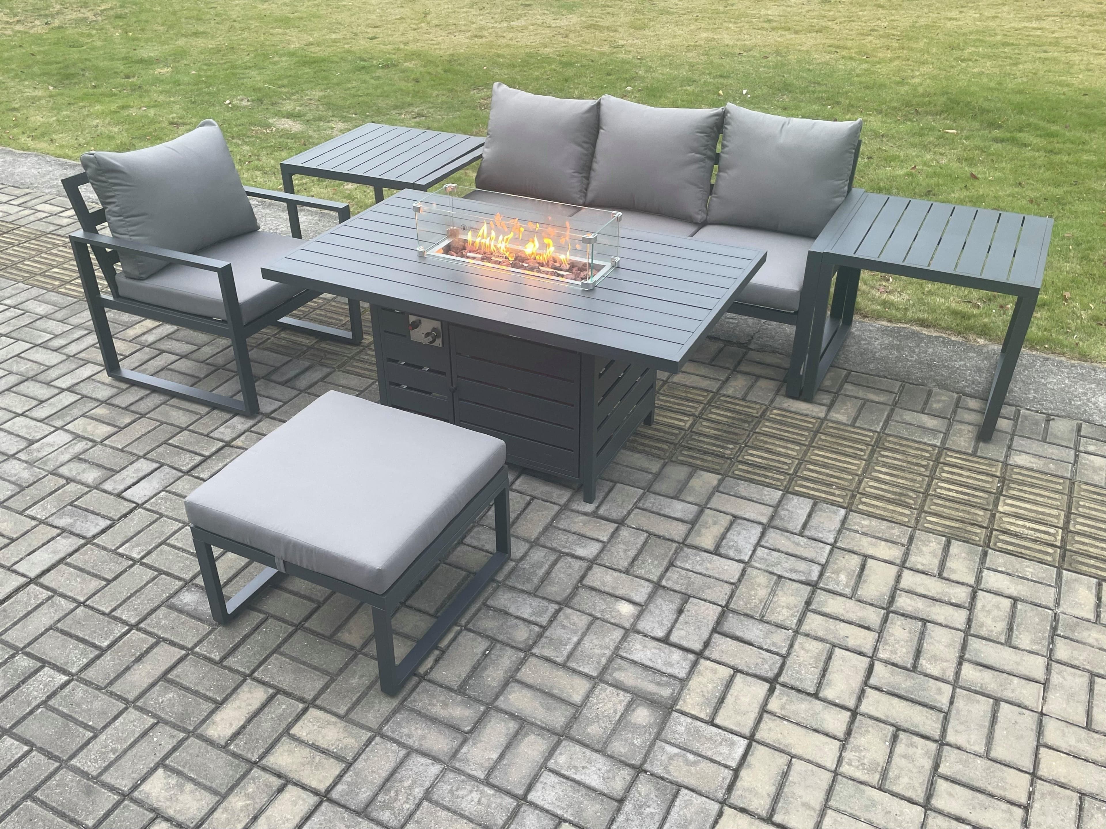 Aluminium 6 Pieces Garden Furniture Sofa Set Cushions Gas Fire Pit Dining Table Set 2 Side Tables Big Footstool Dark Grey