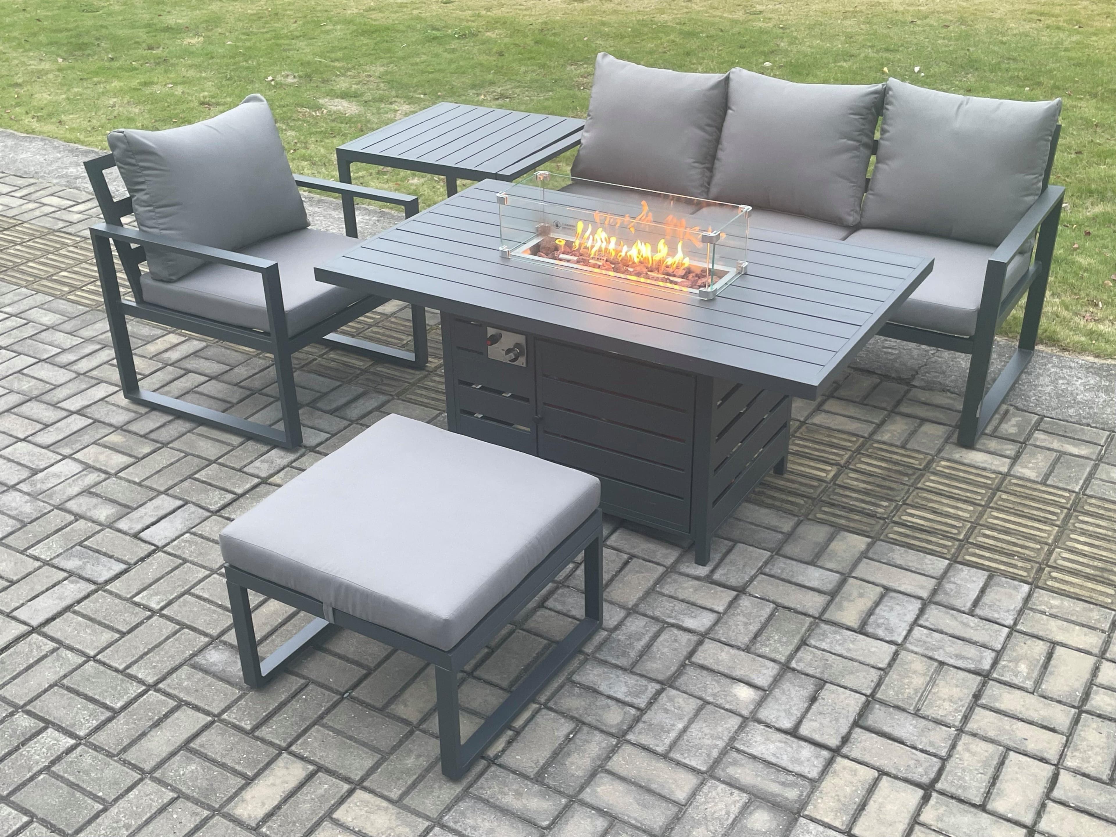 Aluminium 5 Pieces Garden Furniture Sofa Set Cushions Gas Fire Pit Dining Table Set Side Table Big Footstool Dark Grey
