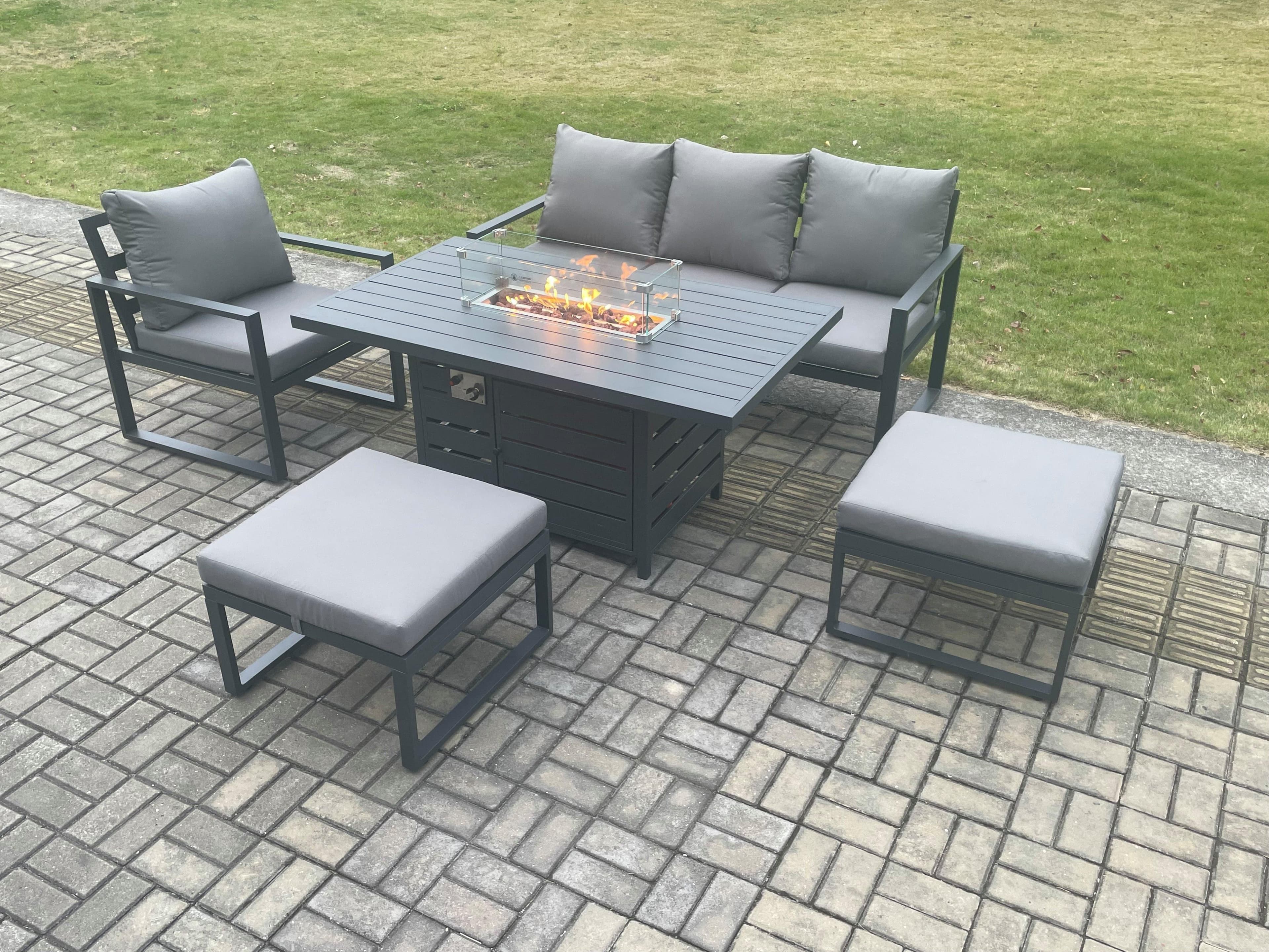 Aluminium 5 Pieces Garden Furniture Sofa Set Cushions Gas Fire Pit Dining Table Set 2 Big Footstools Dark Grey