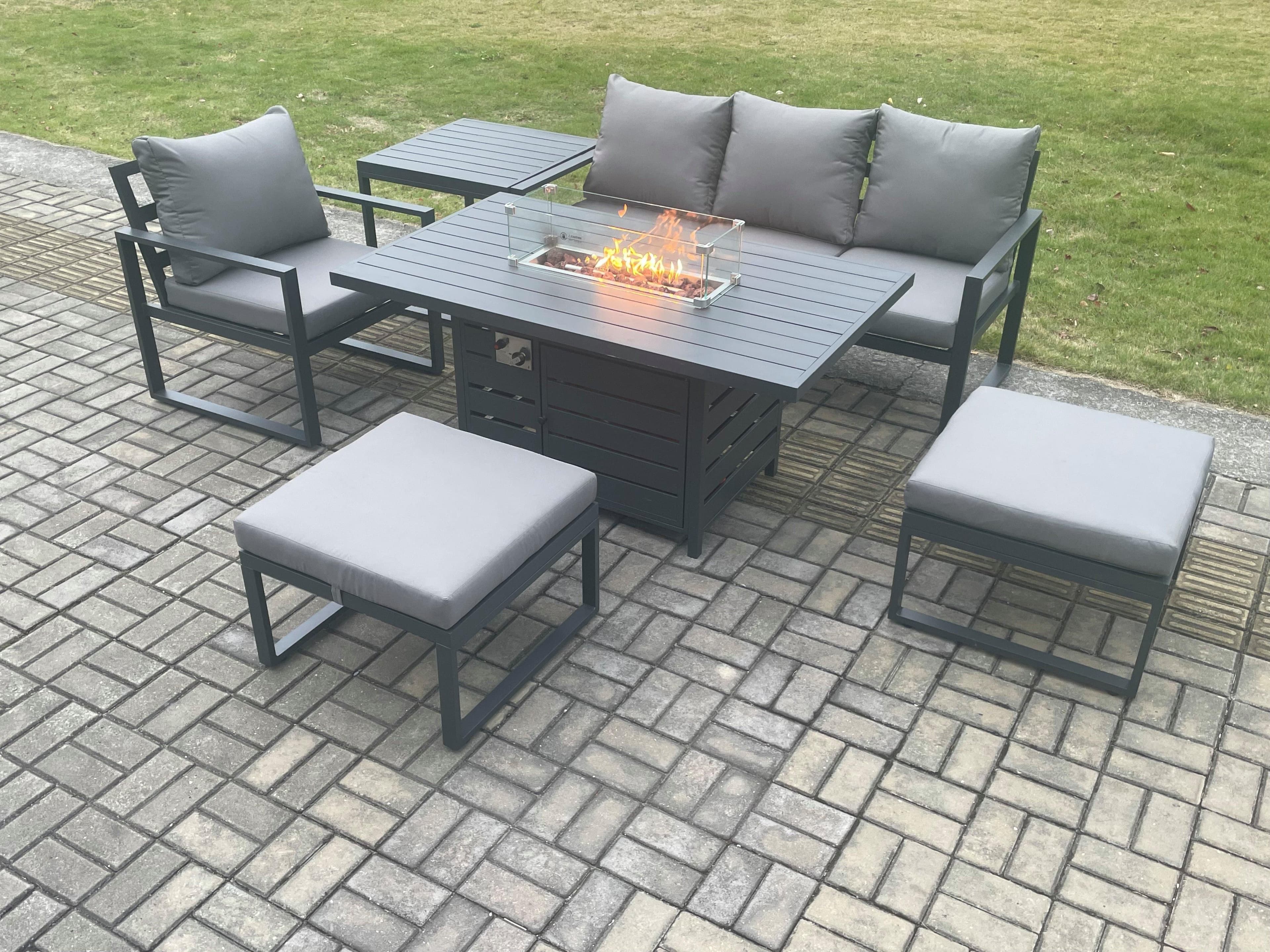 Aluminium 6 Pieces Garden Furniture Sofa Set Cushions Gas Fire Pit Dining Table Set 2 Big Footstools Side Table Dark Grey