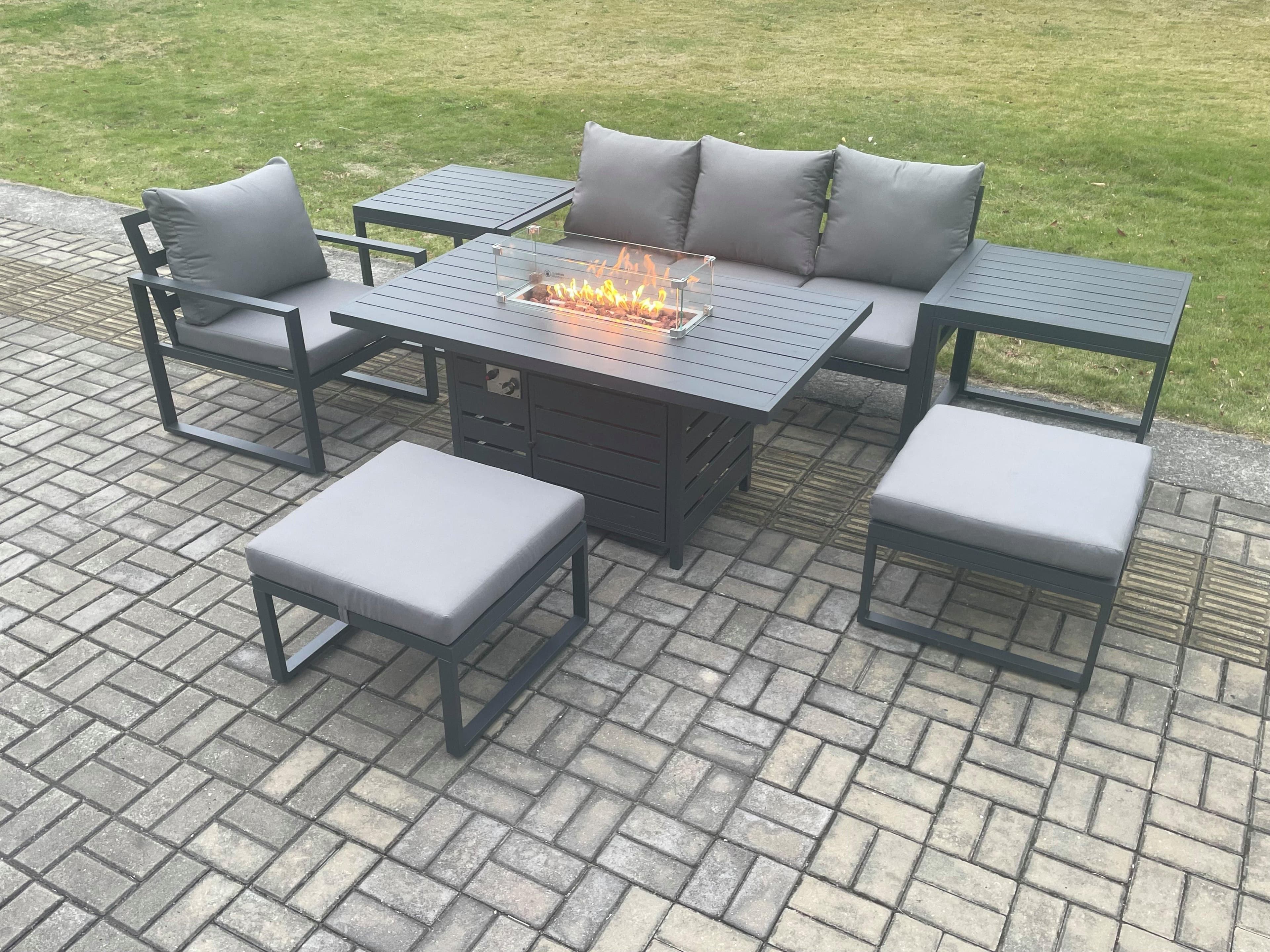 Aluminium 7 Pieces Garden Furniture Sofa Set Cushions Gas Fire Pit Dining Table Set 2 Big Footstools 2 Side Tables Dark Grey