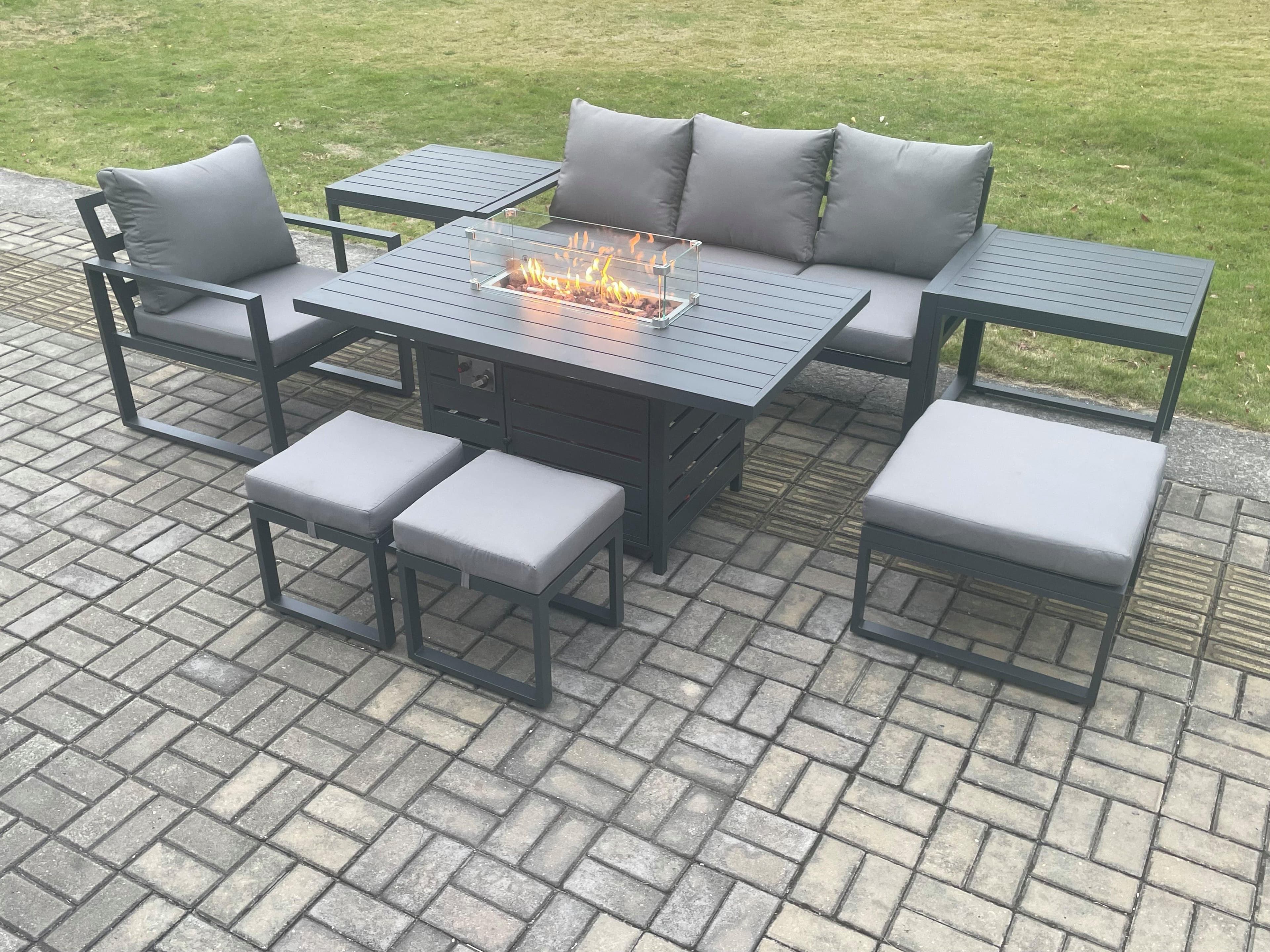 Aluminium 8 Pieces Garden Furniture Sofa Set Cushions Gas Fire Pit Dining Table Set 3 Footstools 2 Side Tables Dark Grey